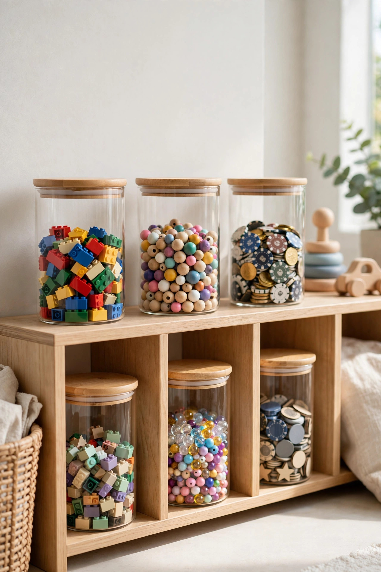 16 Playroom Ideas That Keep the Mess Contained 10 Clear glass jars with lids filled with building bricks, beads and game tokens on a low cubby shelf.
