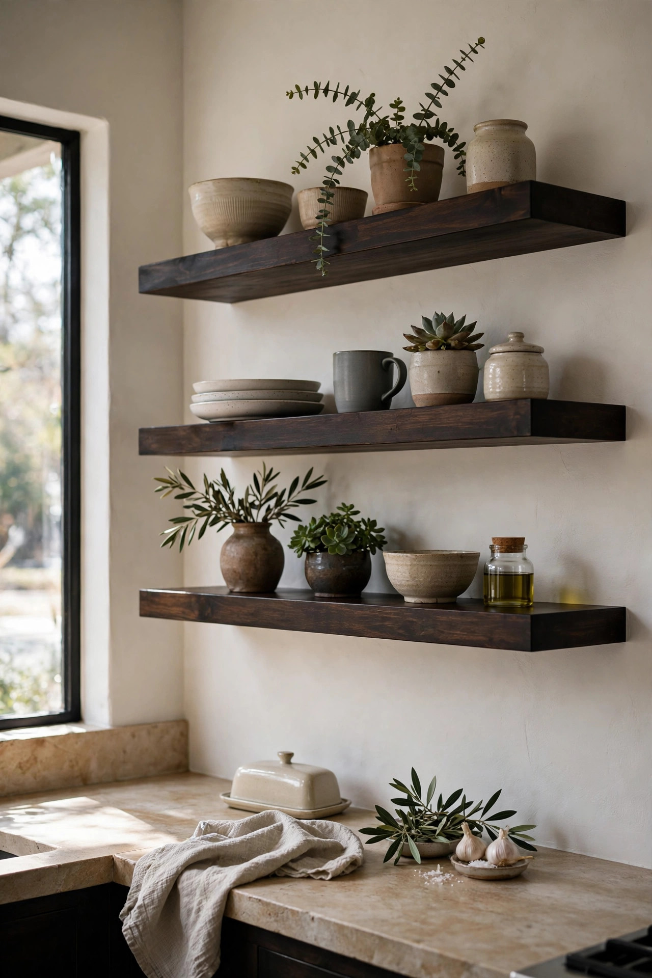 Espresso stained open wooden shelves with ceramics and plants on a white wall.