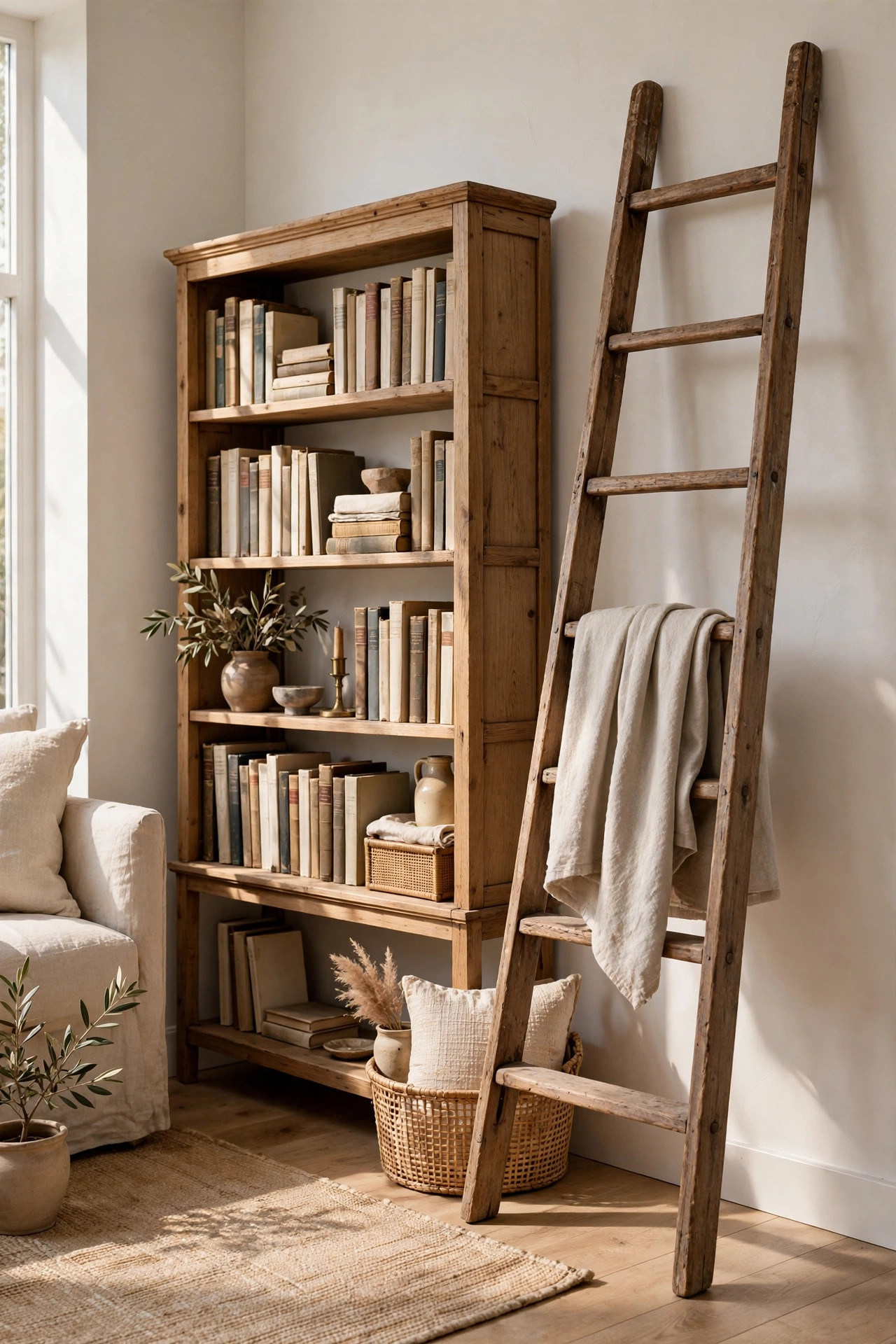 Vintage wooden ladder leaning beside a styled bookcase with a folded throw on one rung