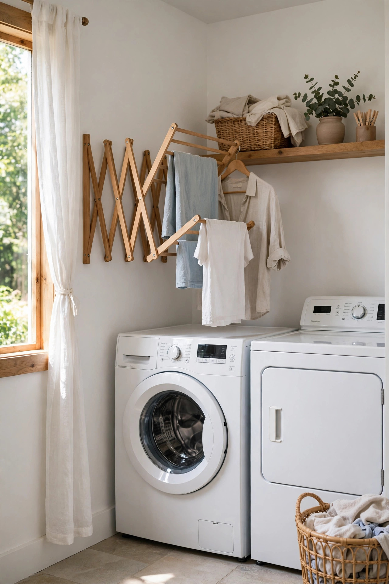 Wooden accordion wall-mounted drying rack with clothes hanging in a small laundry room.