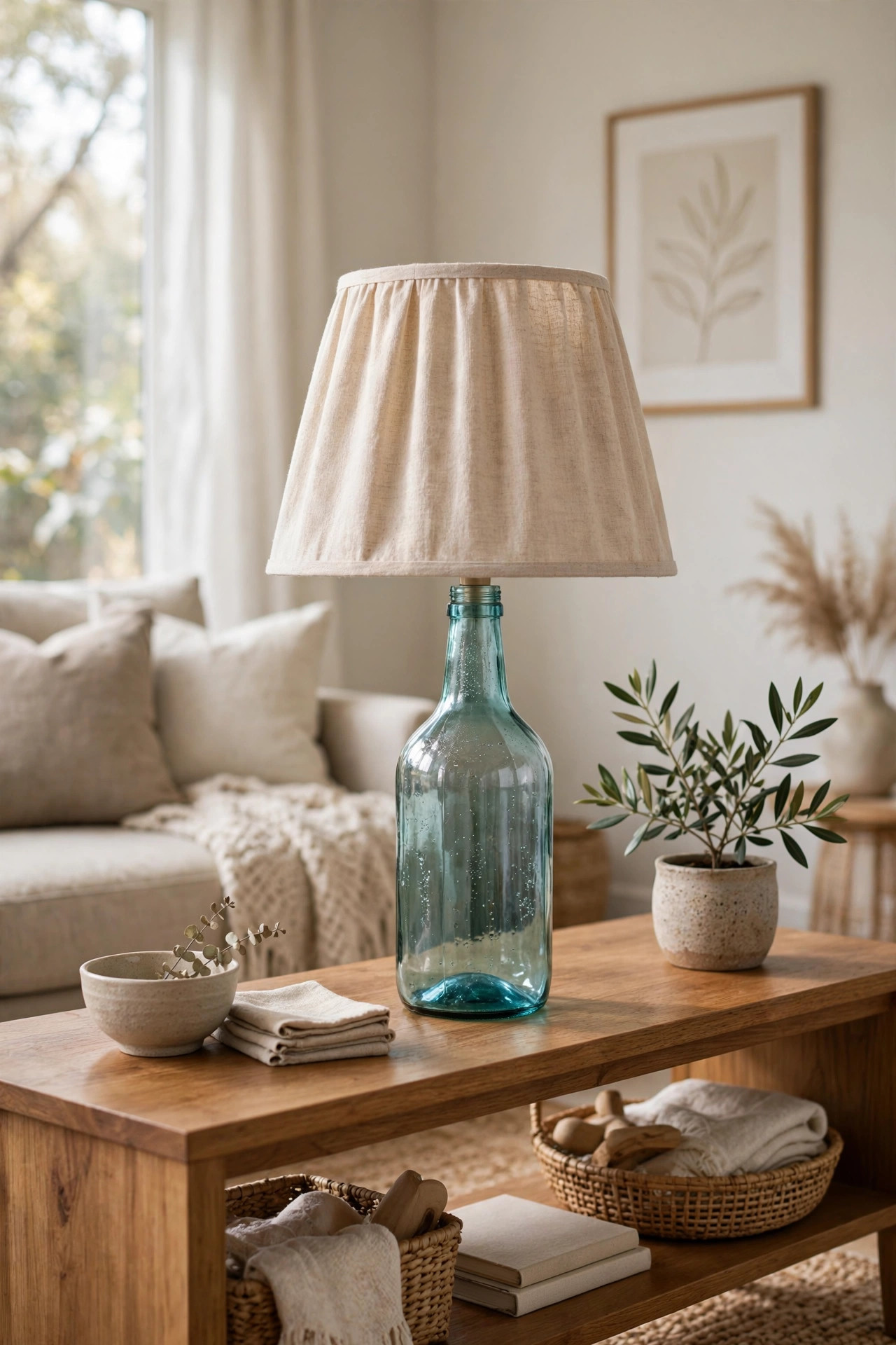 DIY glass bottle table lamp with a linen shade on a console table