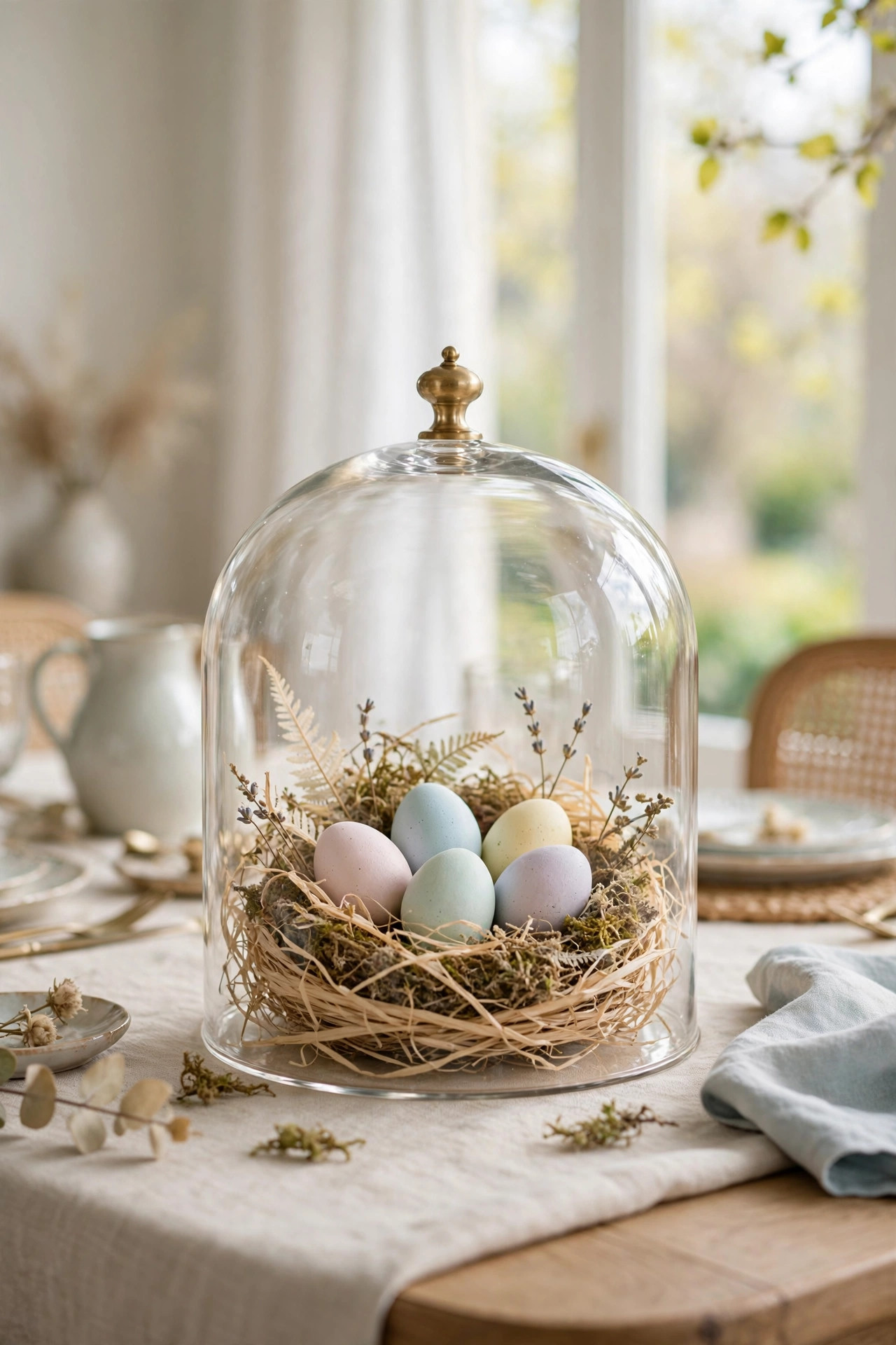 Glass cloche over a small nest holding pastel eggs