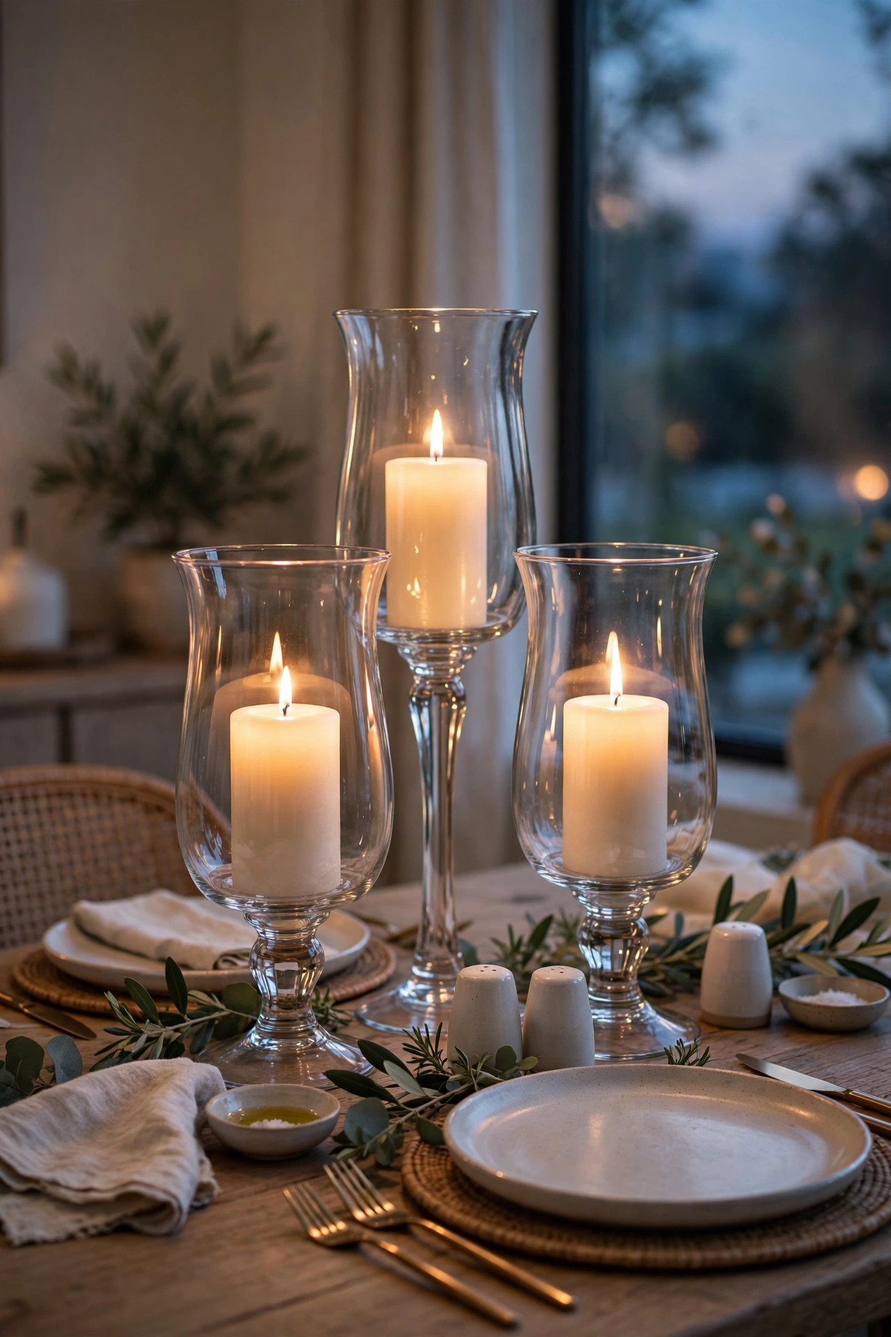 19 Dollar Store Decor Ideas That Look Way More Expensive 10 Tall glass hurricane candle holders with glowing pillar candles on an elegant dining table at dusk