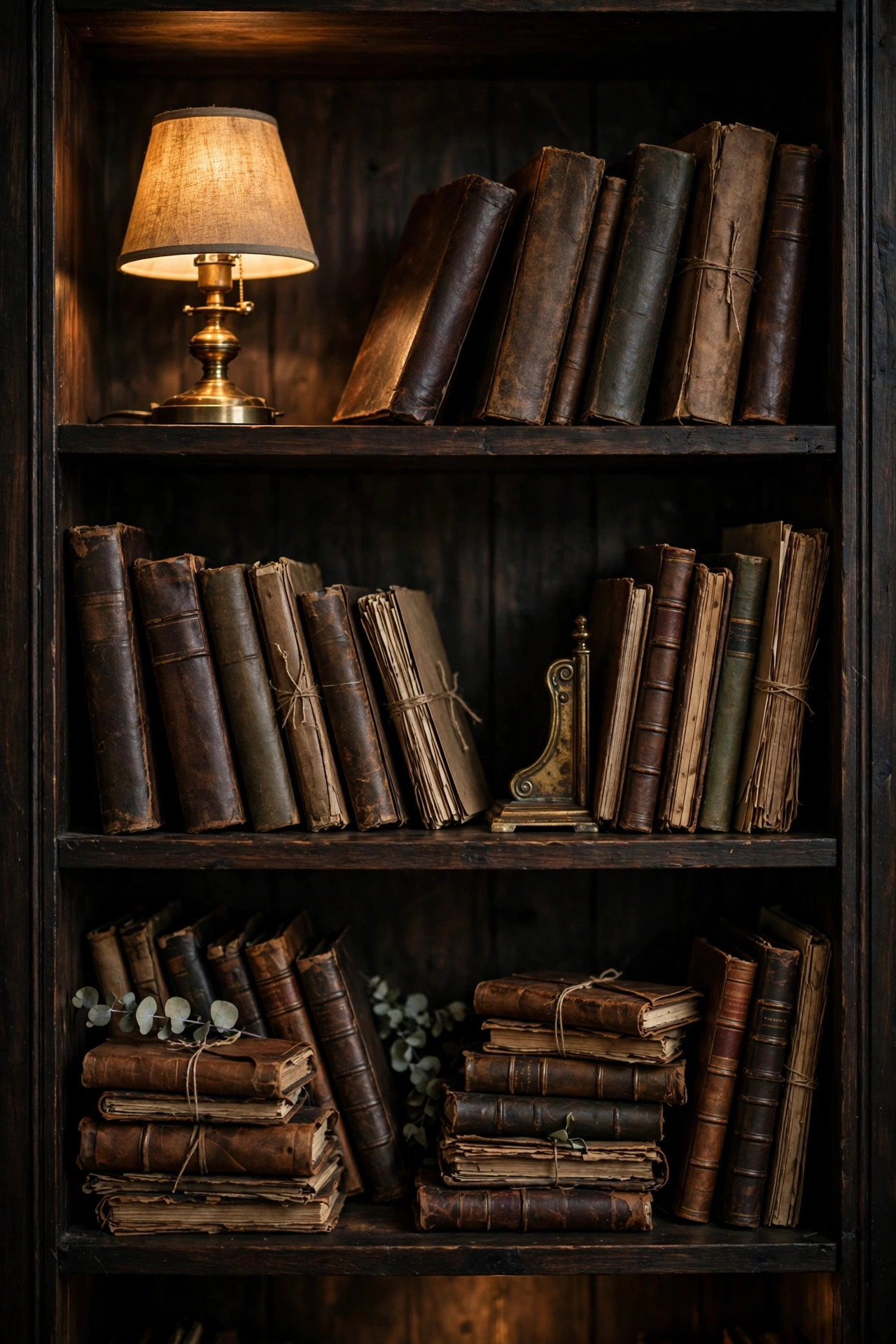 21 Dark Academia Room Decor Ideas That Feel Like an Old Library 10 Dark wood bookshelf lined with leather bound journals and old notebooks