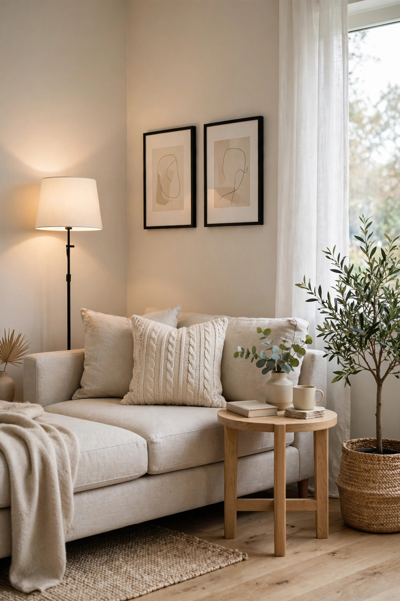 A slim black floor lamp with a white drum shade glowing beside a sofa in a neatly styled living room corner.
