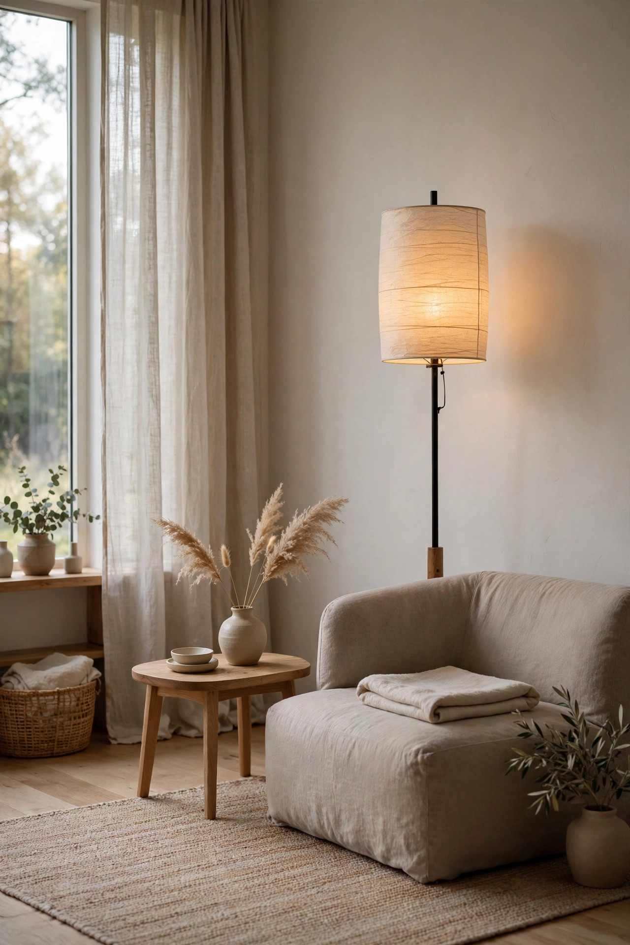 Minimalist floor lamp with paper shade glowing beside a low armchair