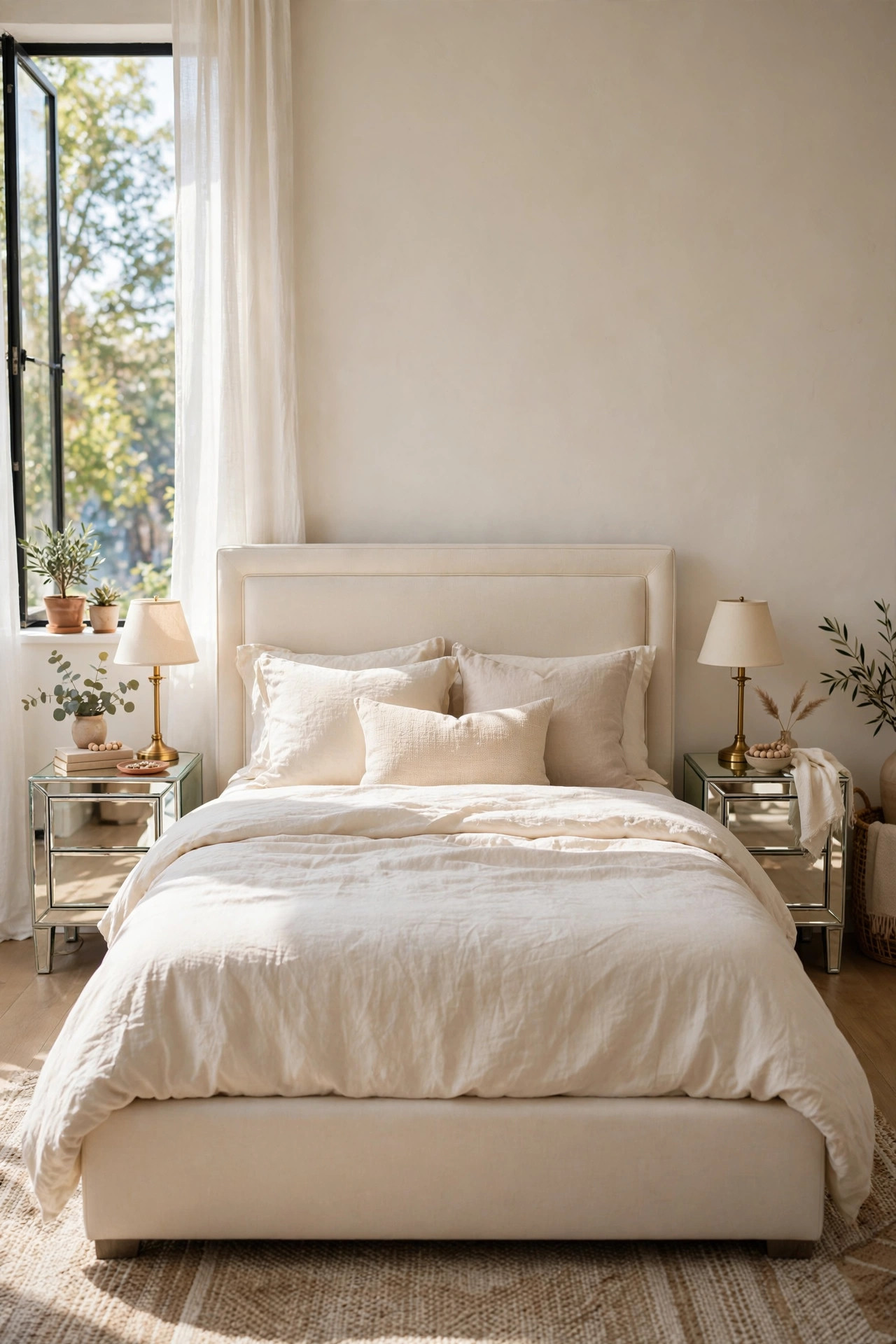 17 Art Deco Bedroom Ideas With a Modern Twist 10 A bedroom with mirrored nightstands on both sides of an upholstered bed with soft bedding.