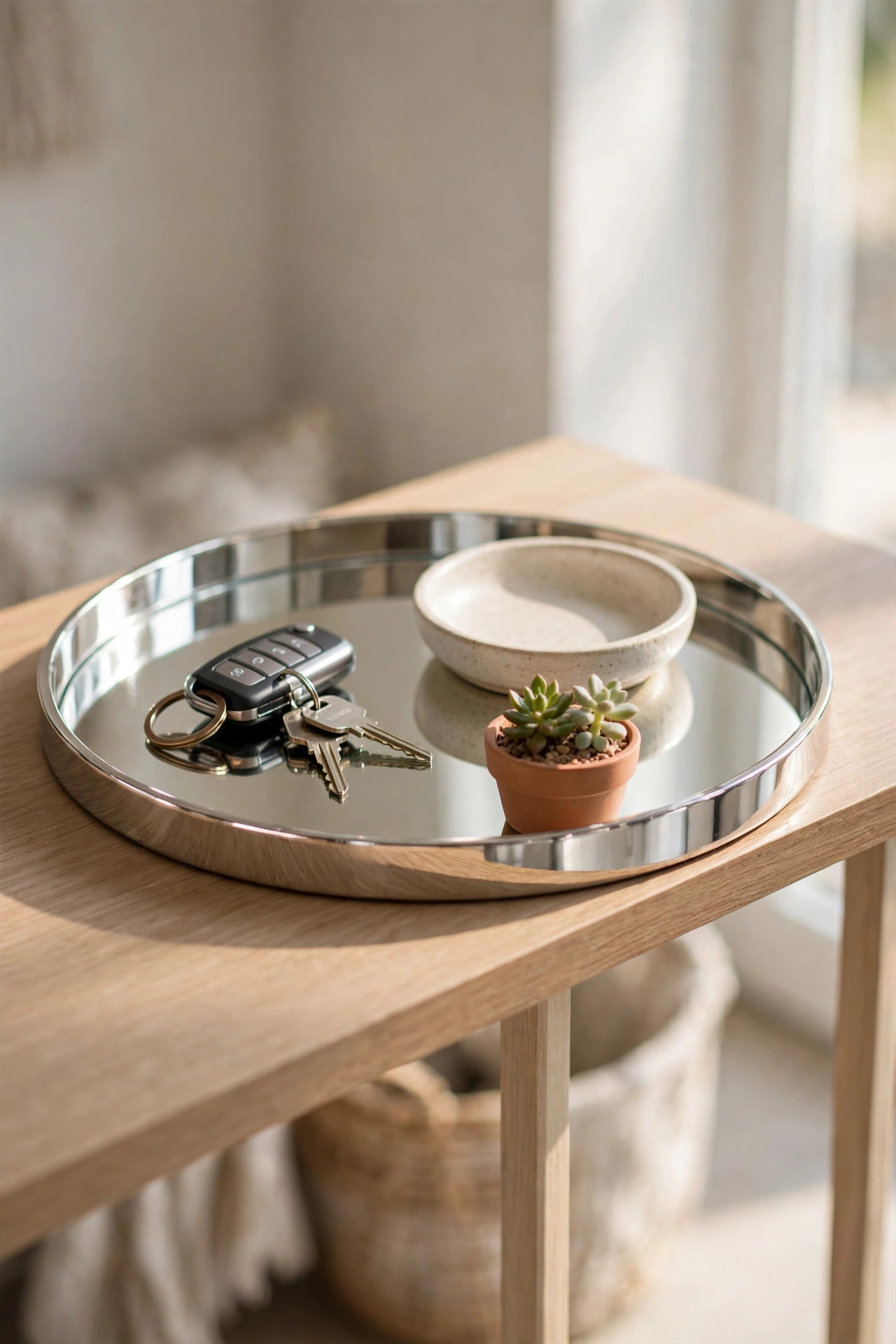 Mirrored tray with keys and a small plant on an entryway table