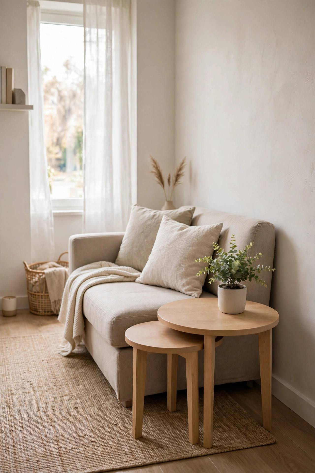 Two round nesting side tables in light wood tucked beside a compact beige loveseat