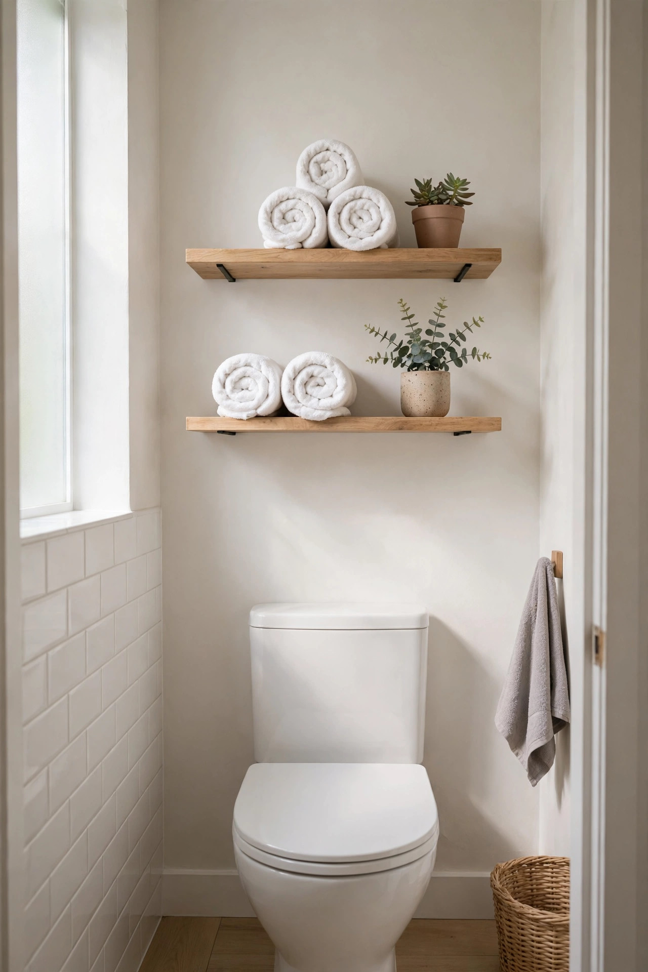Light wood open shelves above a white toilet holding rolled towels and a plant.