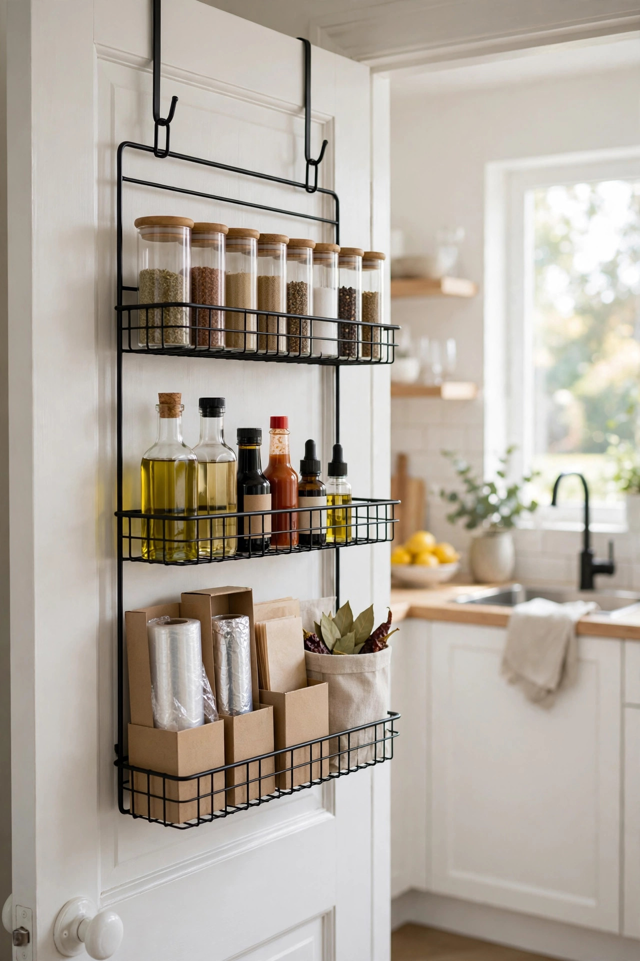 18 Renter-Friendly Kitchen Upgrades That Need Zero Permission 10 Black wire over the door pantry rack holding spice jars and bottles