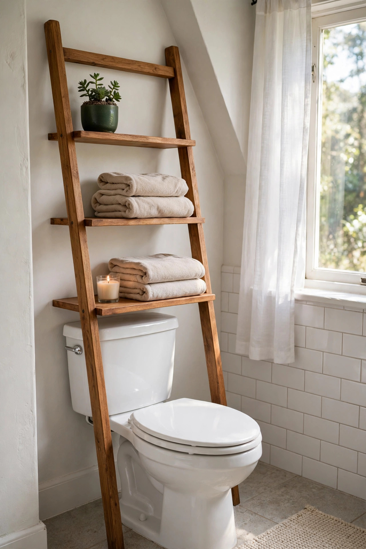19 Rental Bathroom Ideas That Make It Feel Like Your Own 10 A wooden ladder style shelf leaning over a white toilet styled with folded towels, a small plant, and a candle.