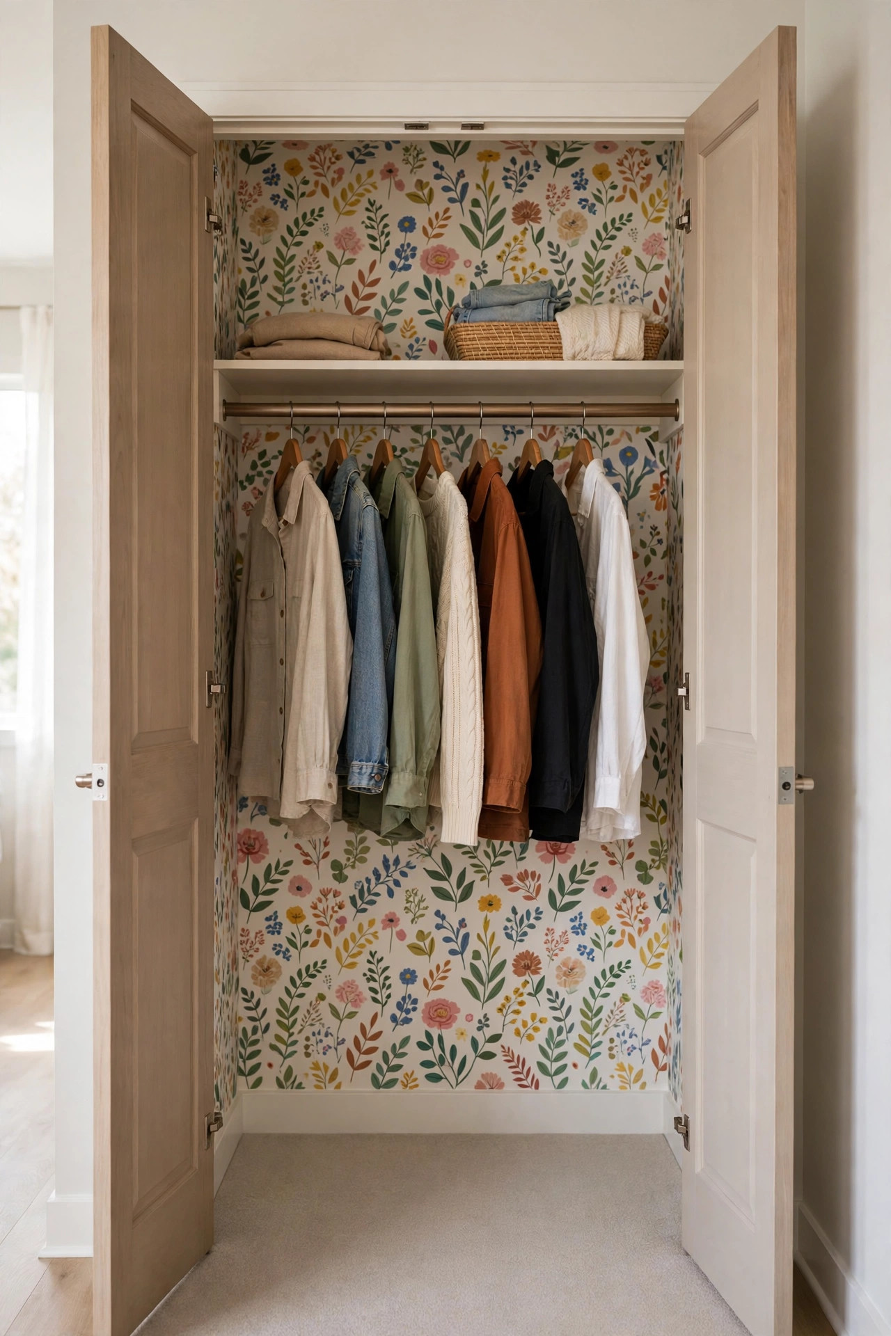 Open closet with colorful patterned peel and stick wallpaper inside.