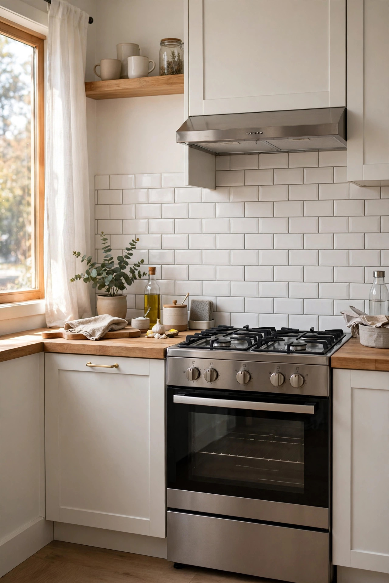 Kitchen with peel and stick subway tile backsplash behind the stove.