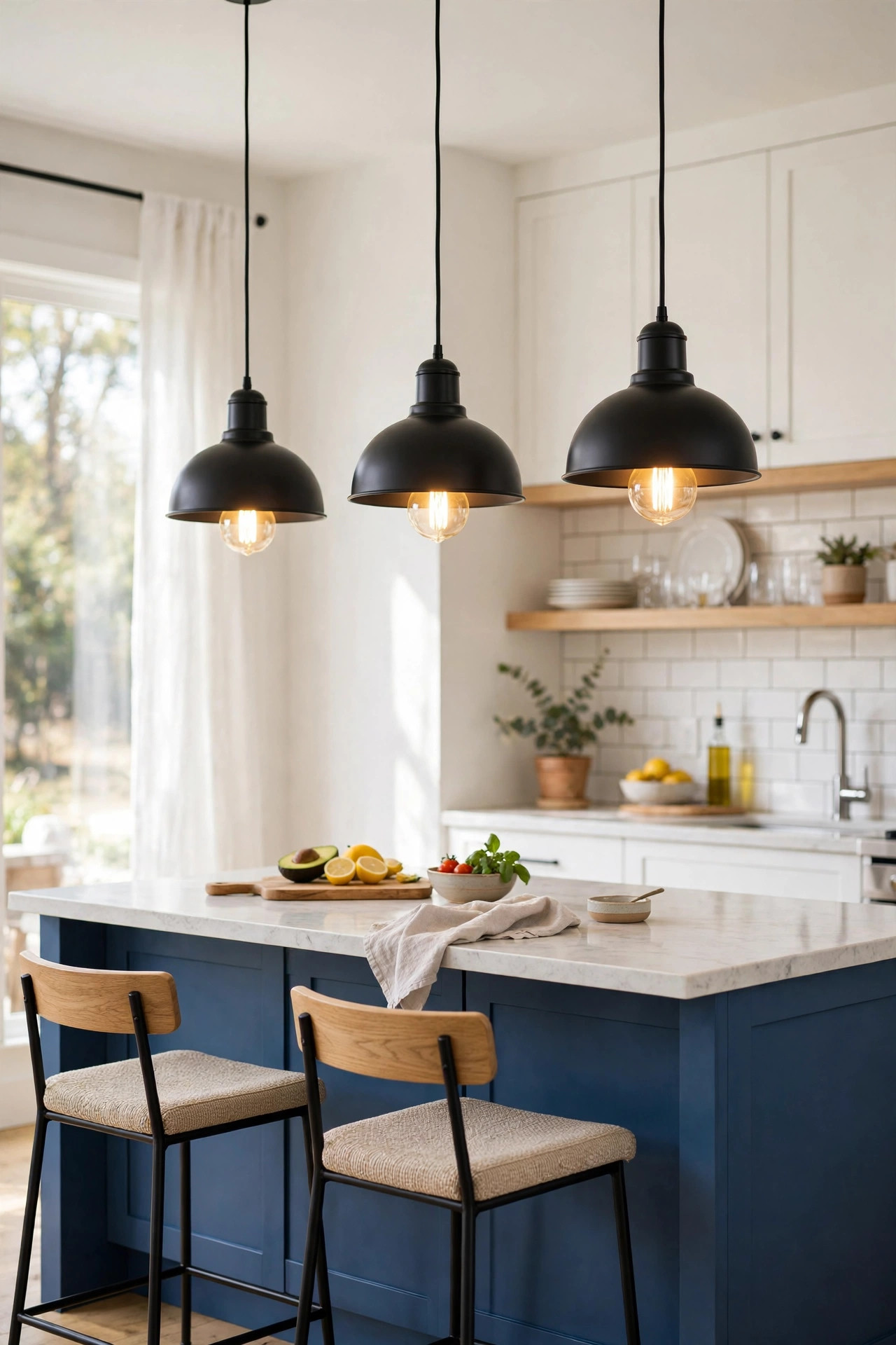 Three pendant lights over island