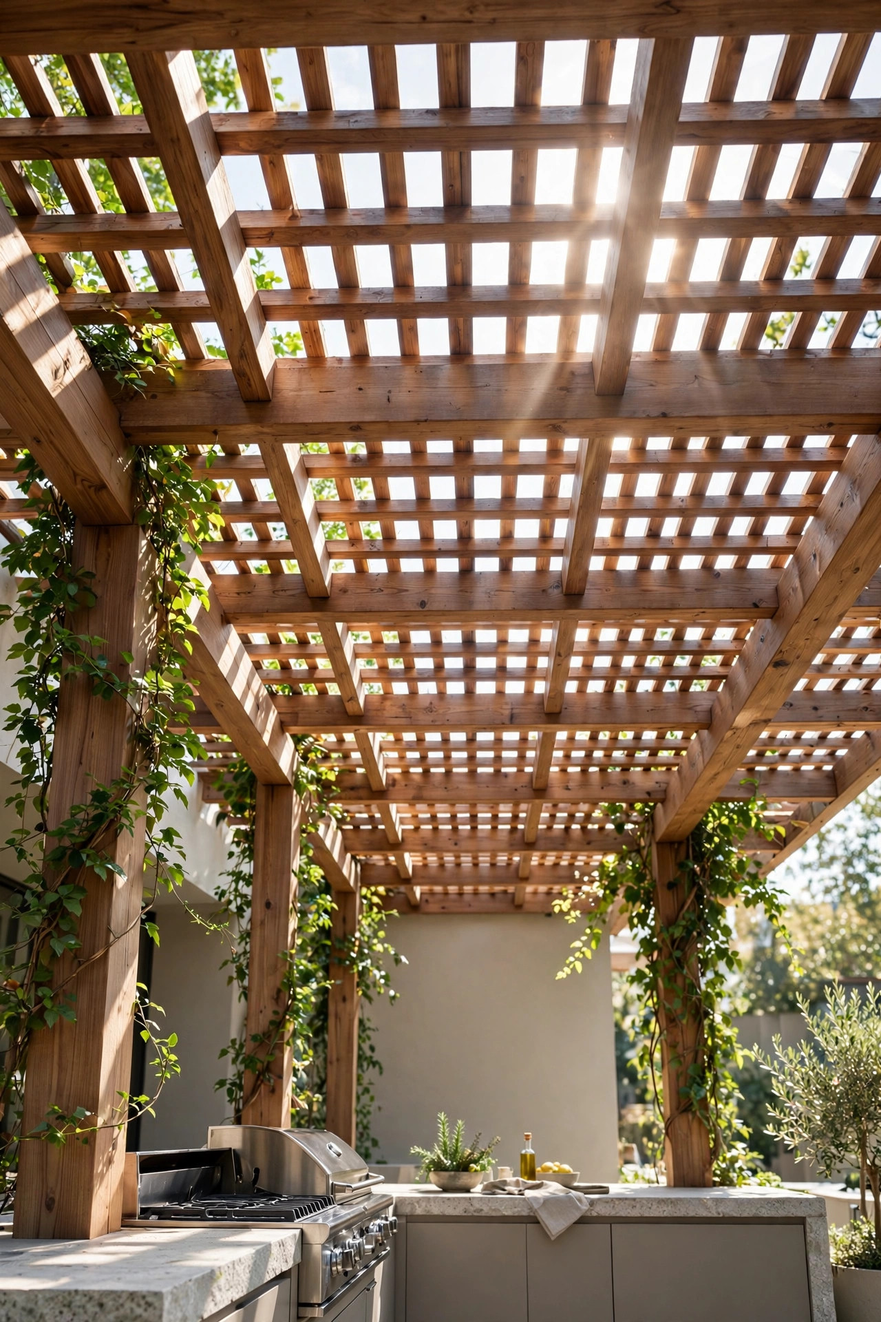 Wooden pergola roof shading an outdoor kitchen with sunlight through the slats
