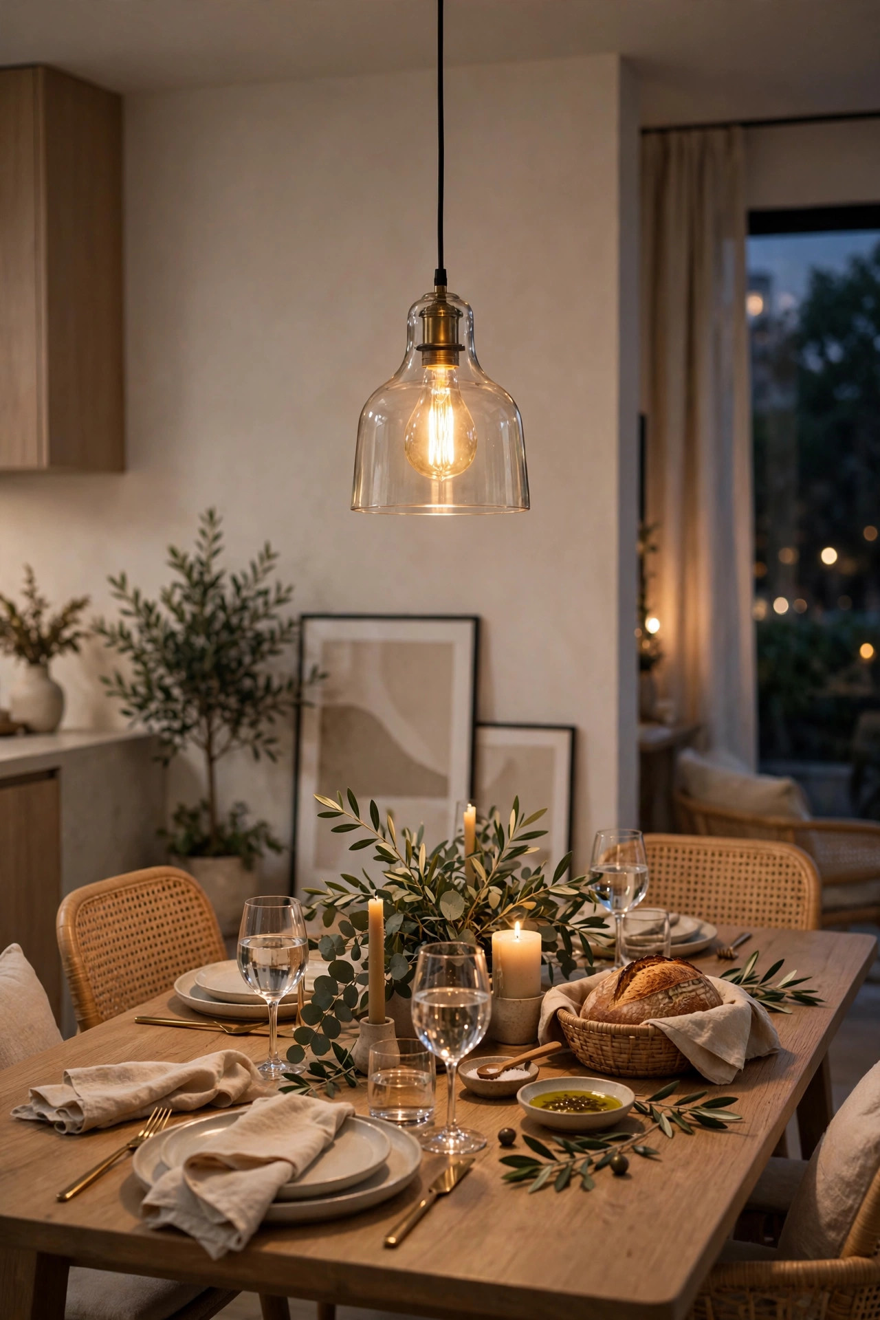 A pendant light with a warm glowing bulb hanging over a dining table in the evening.