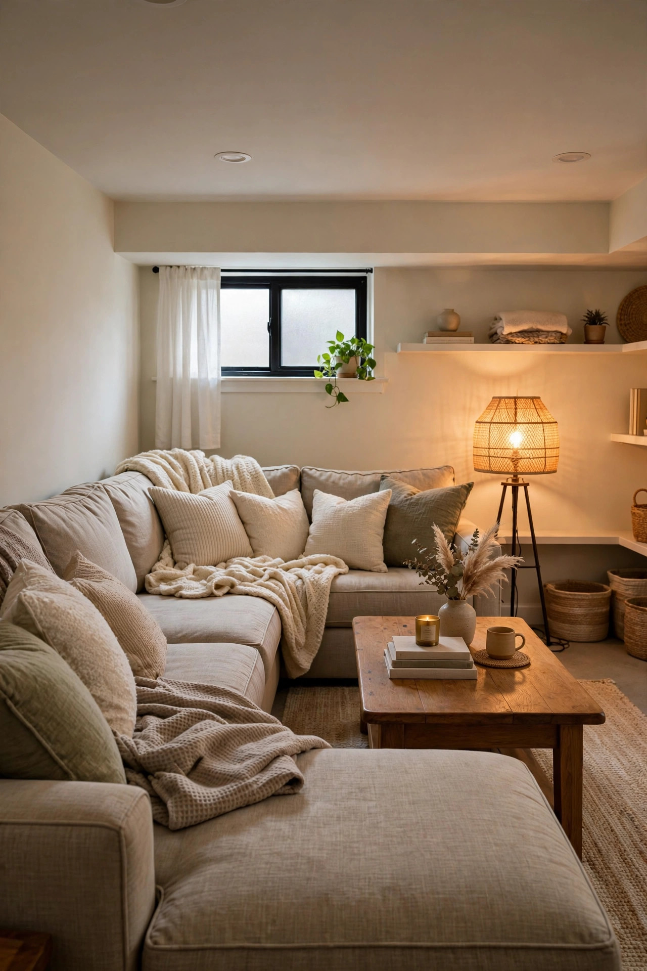 A deep comfortable sectional sofa with throw blankets and cushions in a warm basement family room.