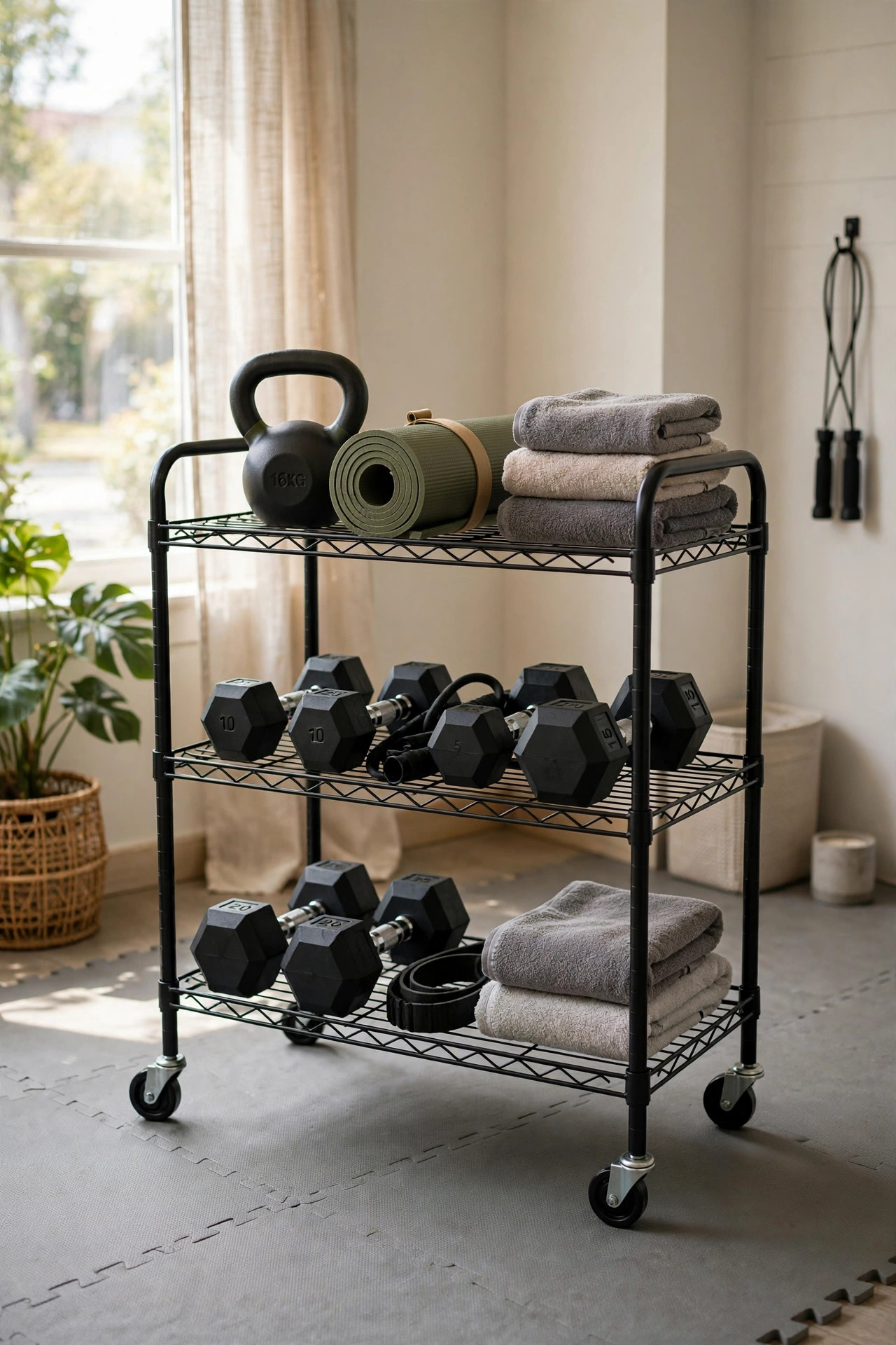 17 Small Home Gym Ideas That Fit in Any Corner 10 Three tier rolling cart loaded with dumbbells, kettlebell and towels