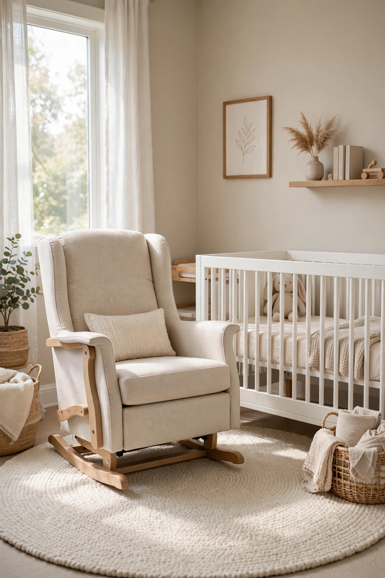 Round cream washable rug under a glider chair beside a white crib