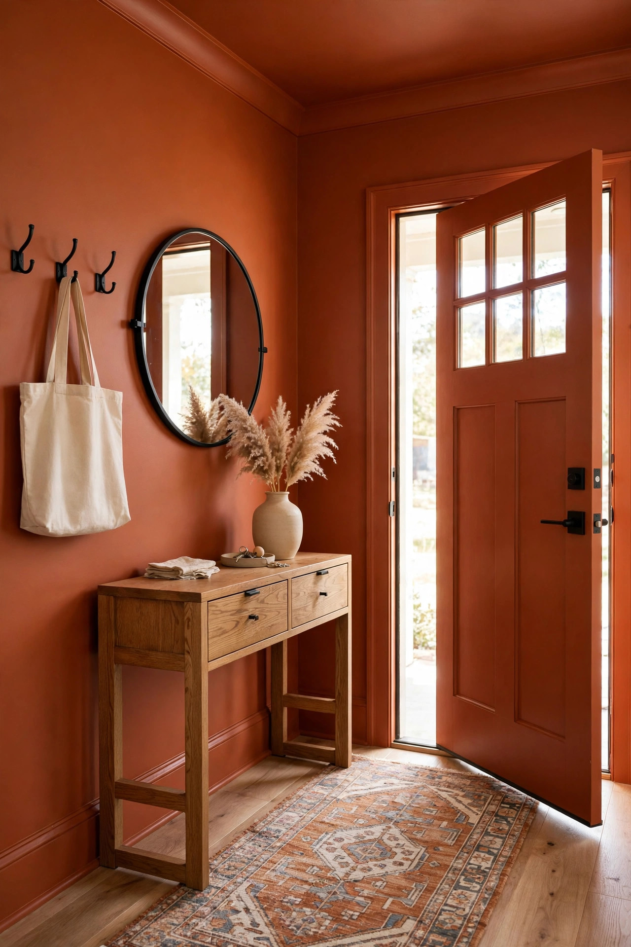 Rust orange entryway with bold painted walls and front door
