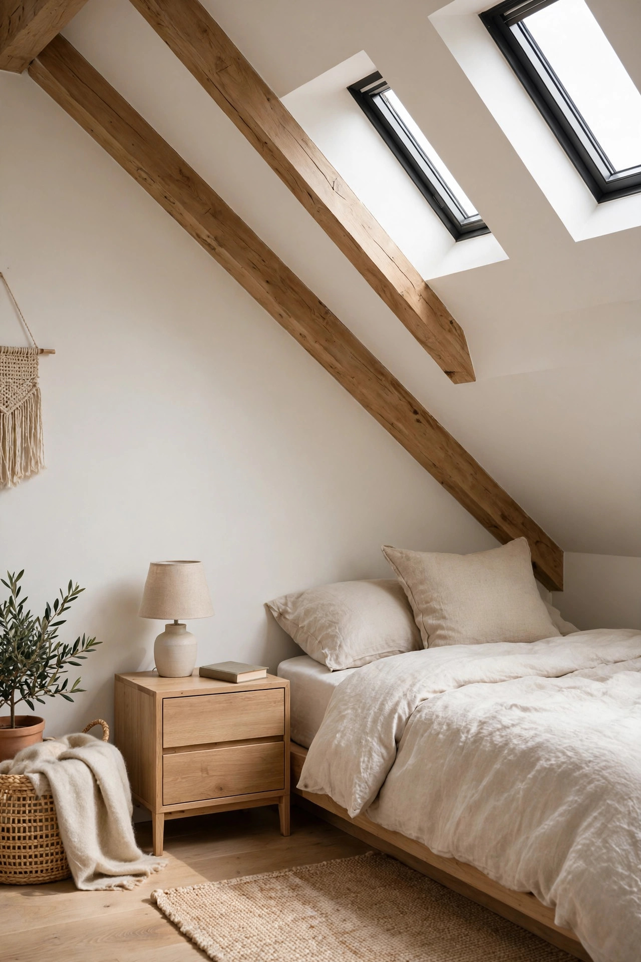 Small compact nightstand beside a low bed under a sloped attic wall.