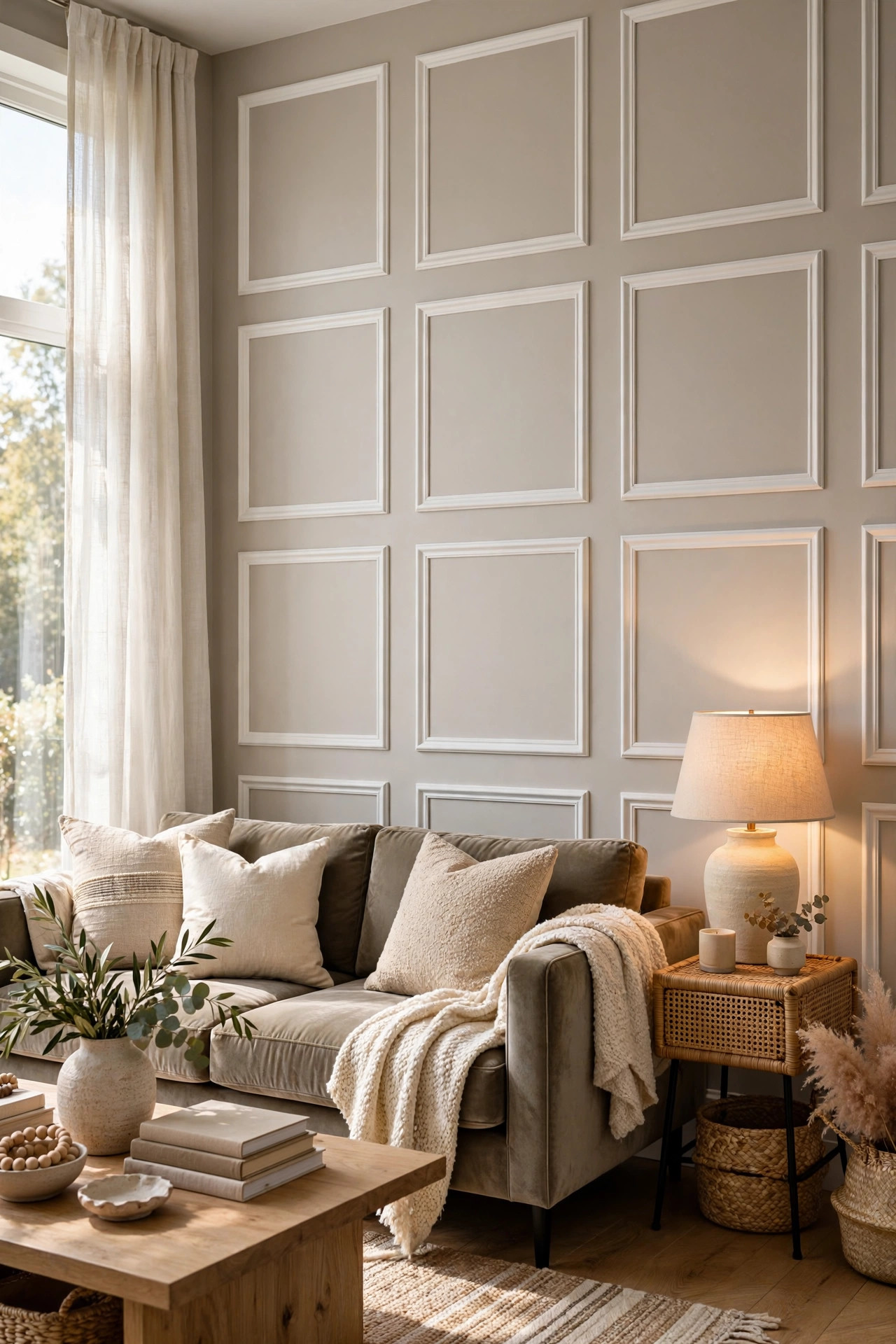 Living room wall with stick on frame molding panels behind an elegant sofa