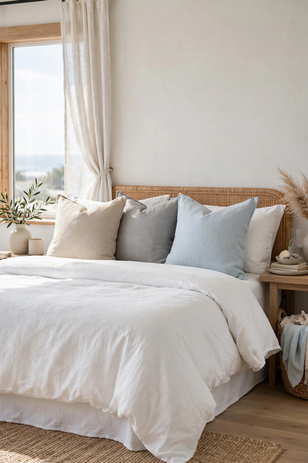 18 Coastal Bedroom Ideas Without the Cliches 10 Stonewashed cotton throw pillows in soft neutrals arranged on a bed
