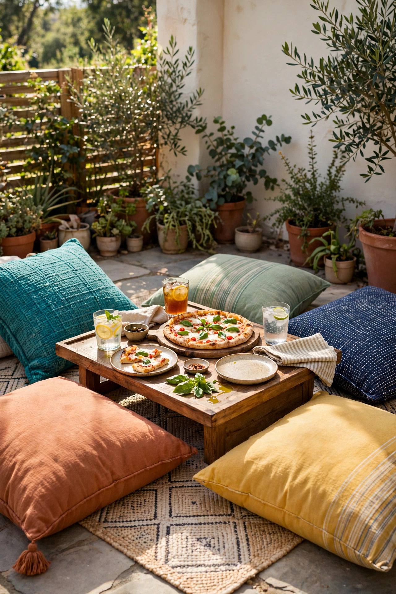 17 Outdoor Dining Ideas for Small Patios 10 Colorful outdoor floor cushions around a low wooden tray table with pizza, plates and drinks on a small patio