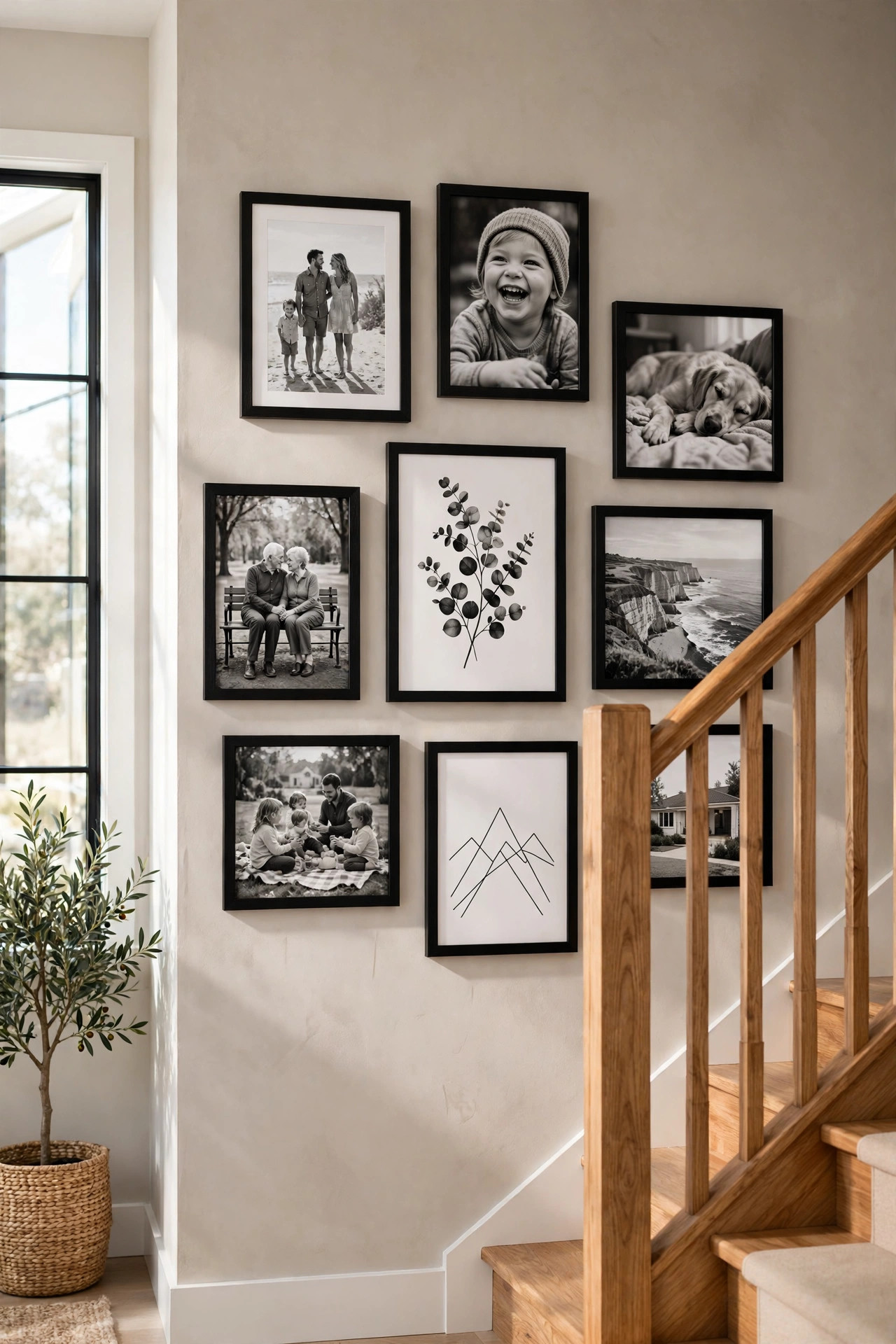 15 Gallery Wall Ideas That Look Curated, Not Cluttered 10 Black and white family photos mix with art prints in matching black frames along a staircase wall.
