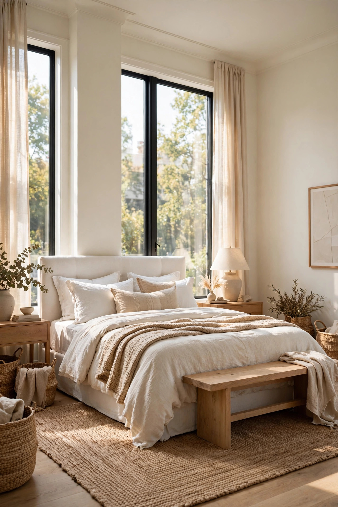 15 Warm White Paint Colors That Work in Every Room 10 Primary bedroom with creamy warm white walls, upholstered bed, jute rug, and tall windows