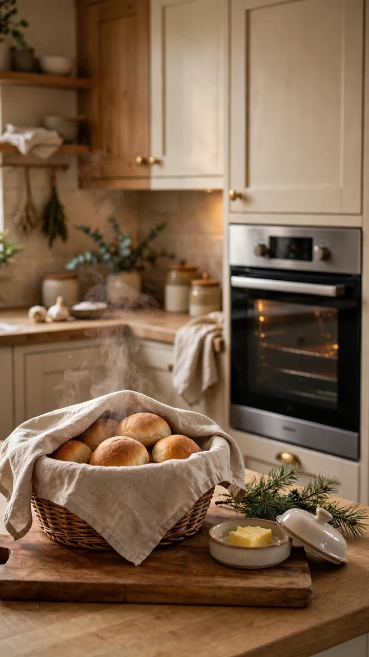 A linen covered basket of warm bread rolls steaming on a wooden board with a butter dish, in front of a glowing oven.