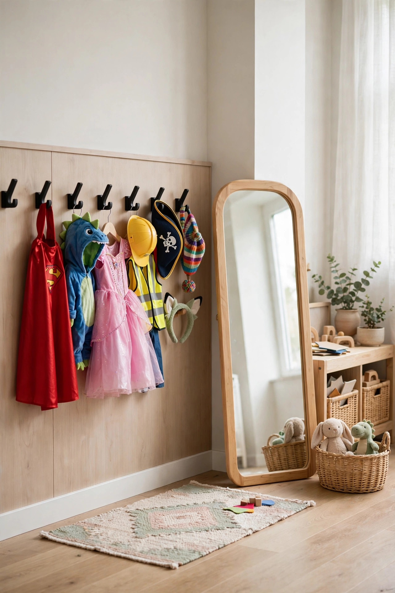 16 Playroom Ideas That Keep the Mess Contained 11 A dress-up corner with low wall hooks holding costumes and hats beside a child-safe mirror.