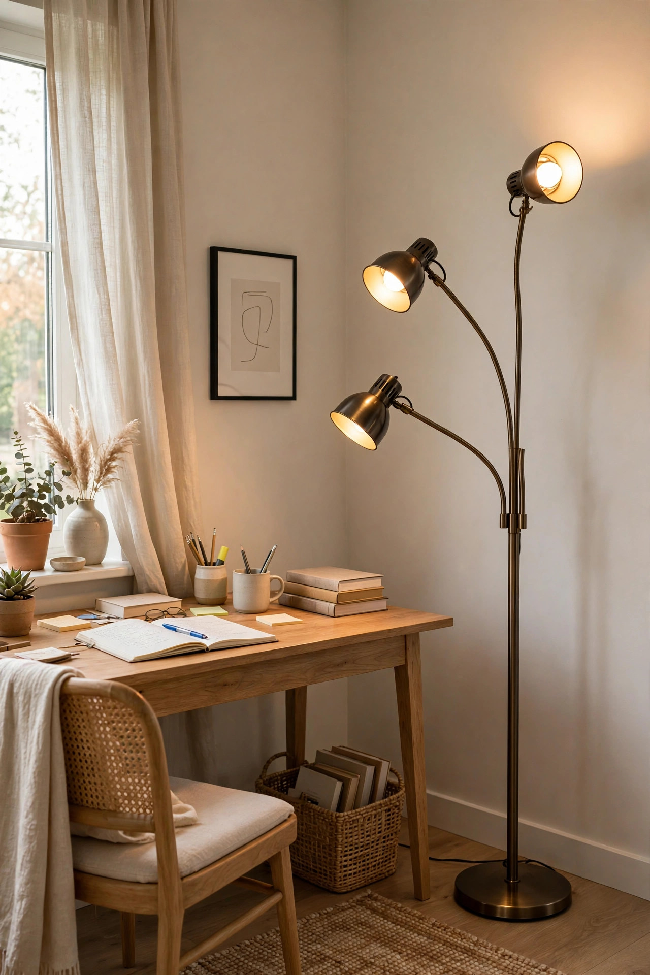 A tree floor lamp with three adjustable heads aimed at the ceiling, wall, and a homework desk in a home corner.