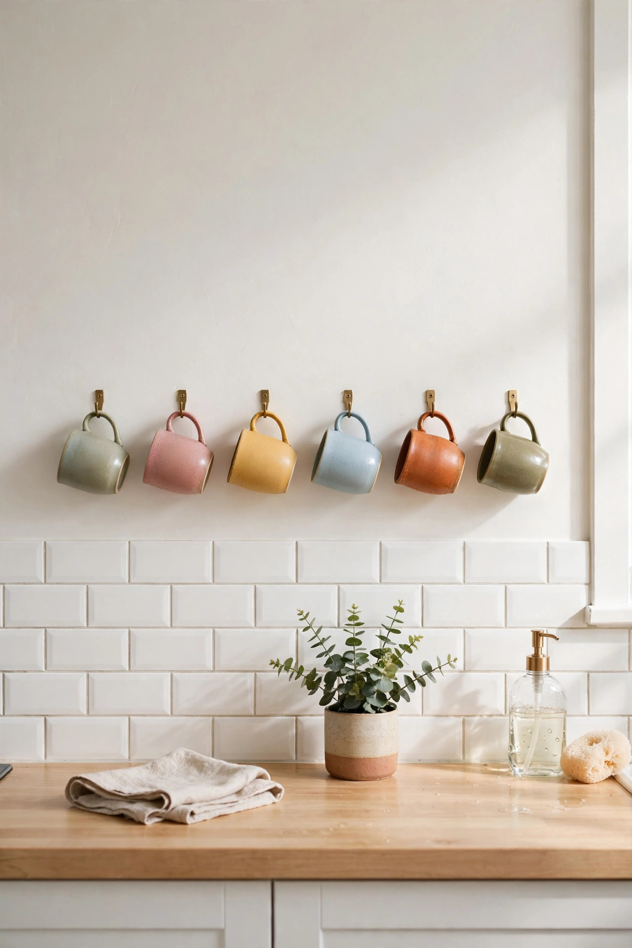 18 Renter-Friendly Kitchen Upgrades That Need Zero Permission 11 Colorful ceramic mugs hanging on adhesive hooks on a kitchen wall