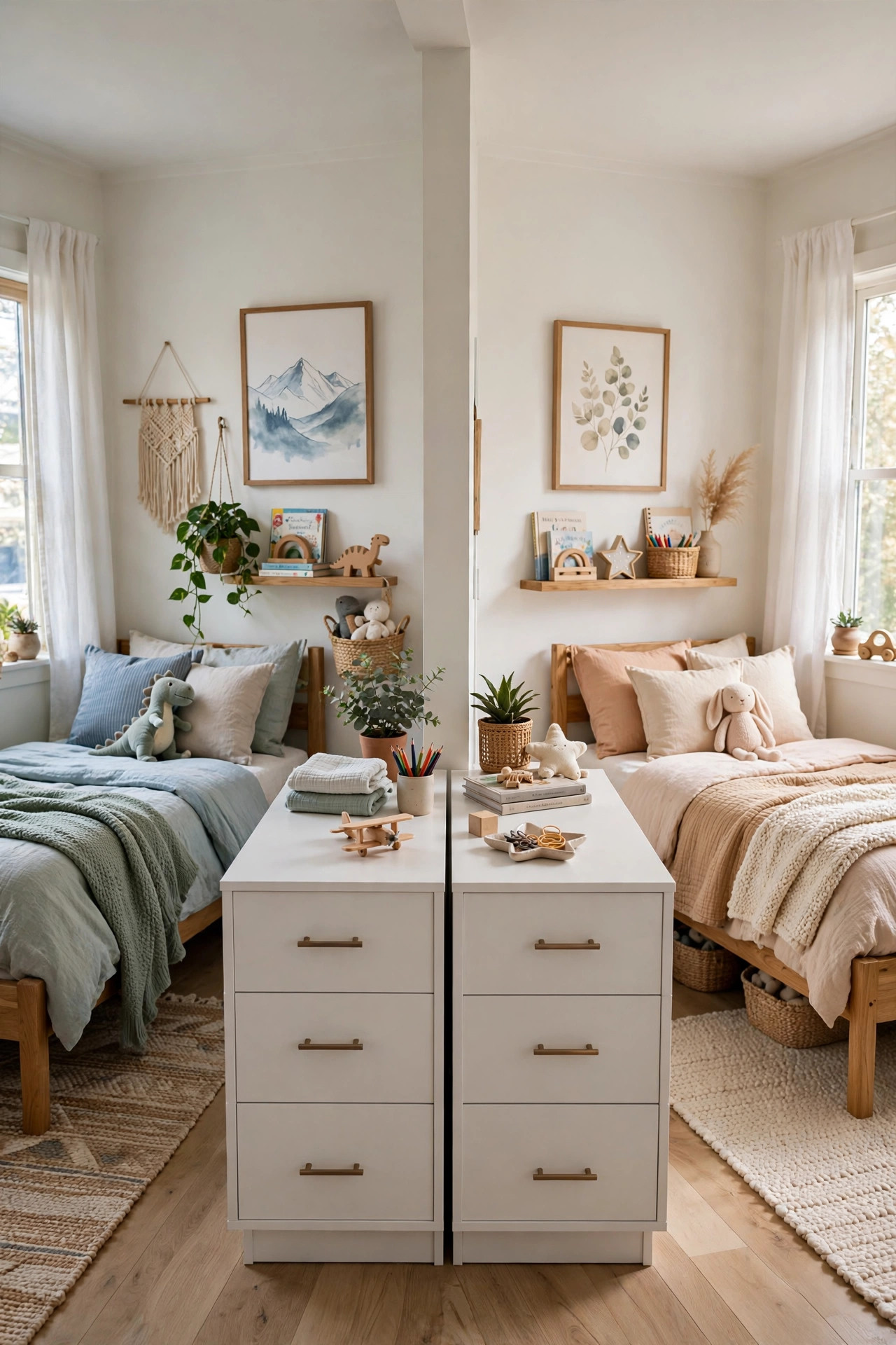 Two low dressers placed back to back dividing a kids bedroom.