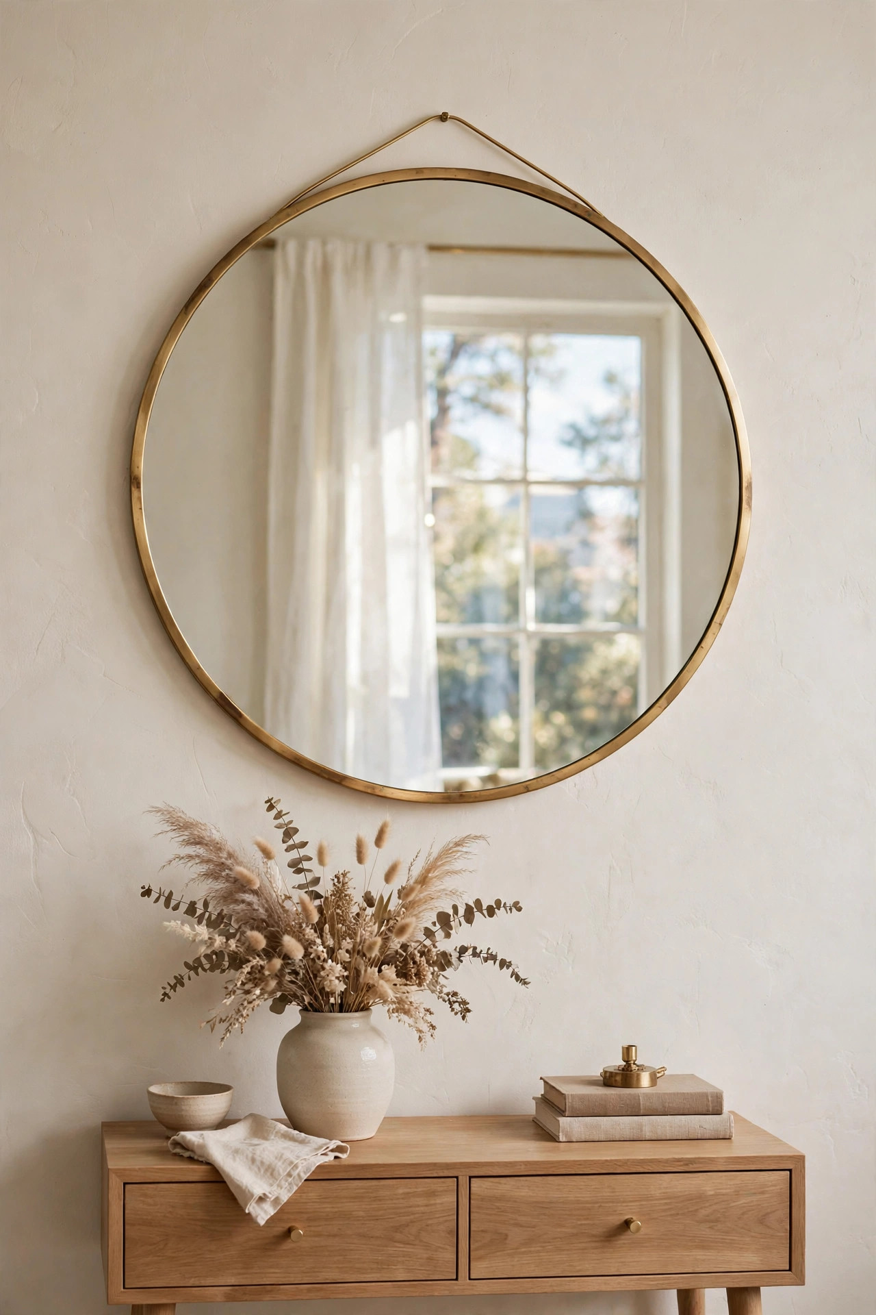Large round brass framed mirror hung across from a bright window reflecting soft daylight