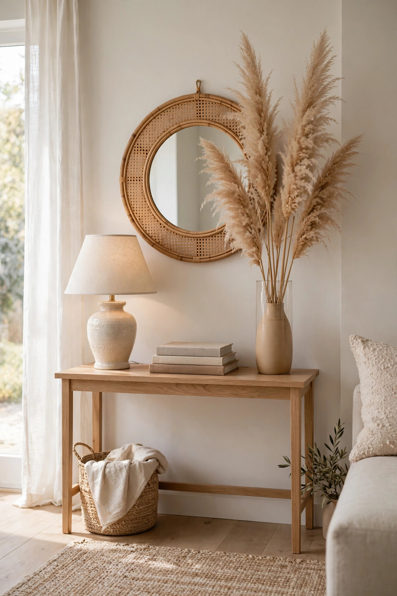 Console table styled with a lamp, books and pampas grass under a round mirror