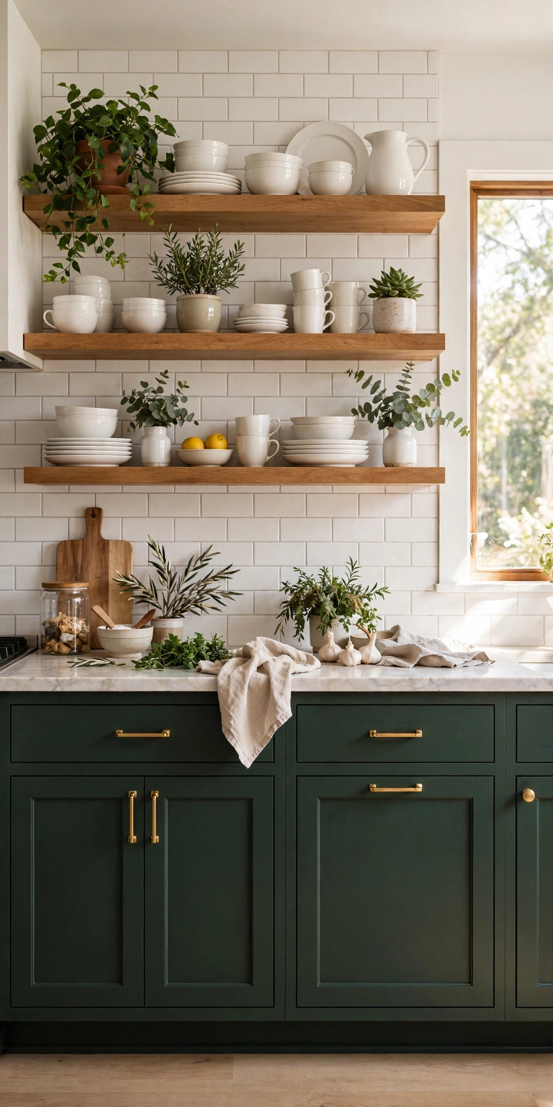 Dark Green Cabinets With Open Wood Shelves