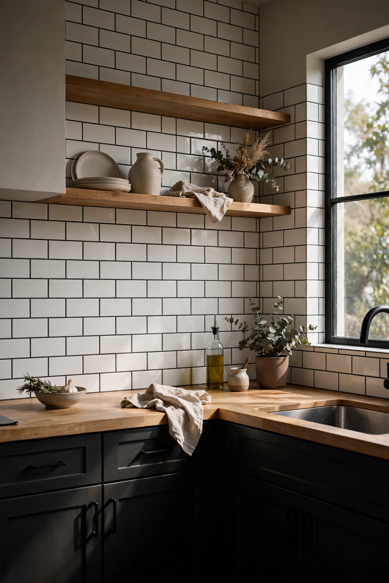 White subway tile backsplash with dark charcoal grout over dark lower cabinets.