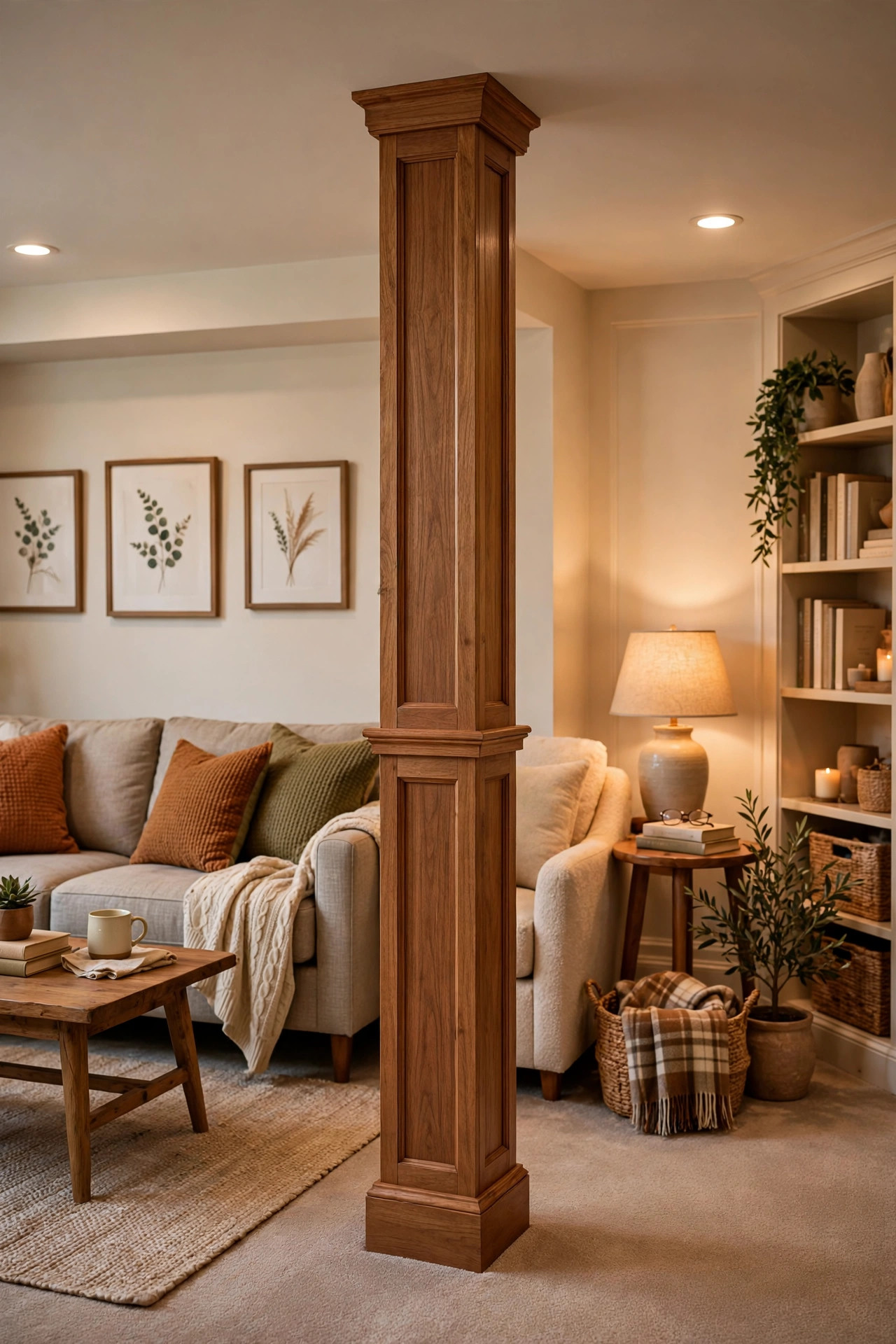 Basement support poles wrapped in wood trim to look like finished posts in a cozy family room.