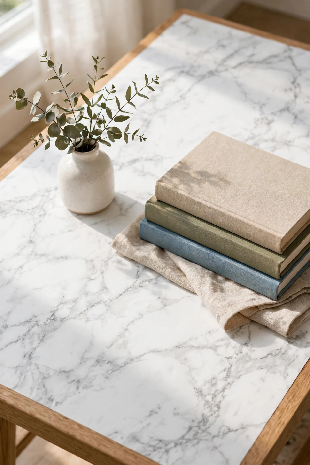 19 Dollar Store Decor Ideas That Look Way More Expensive 11 Side table top covered in white faux marble contact paper styled with a small vase and books