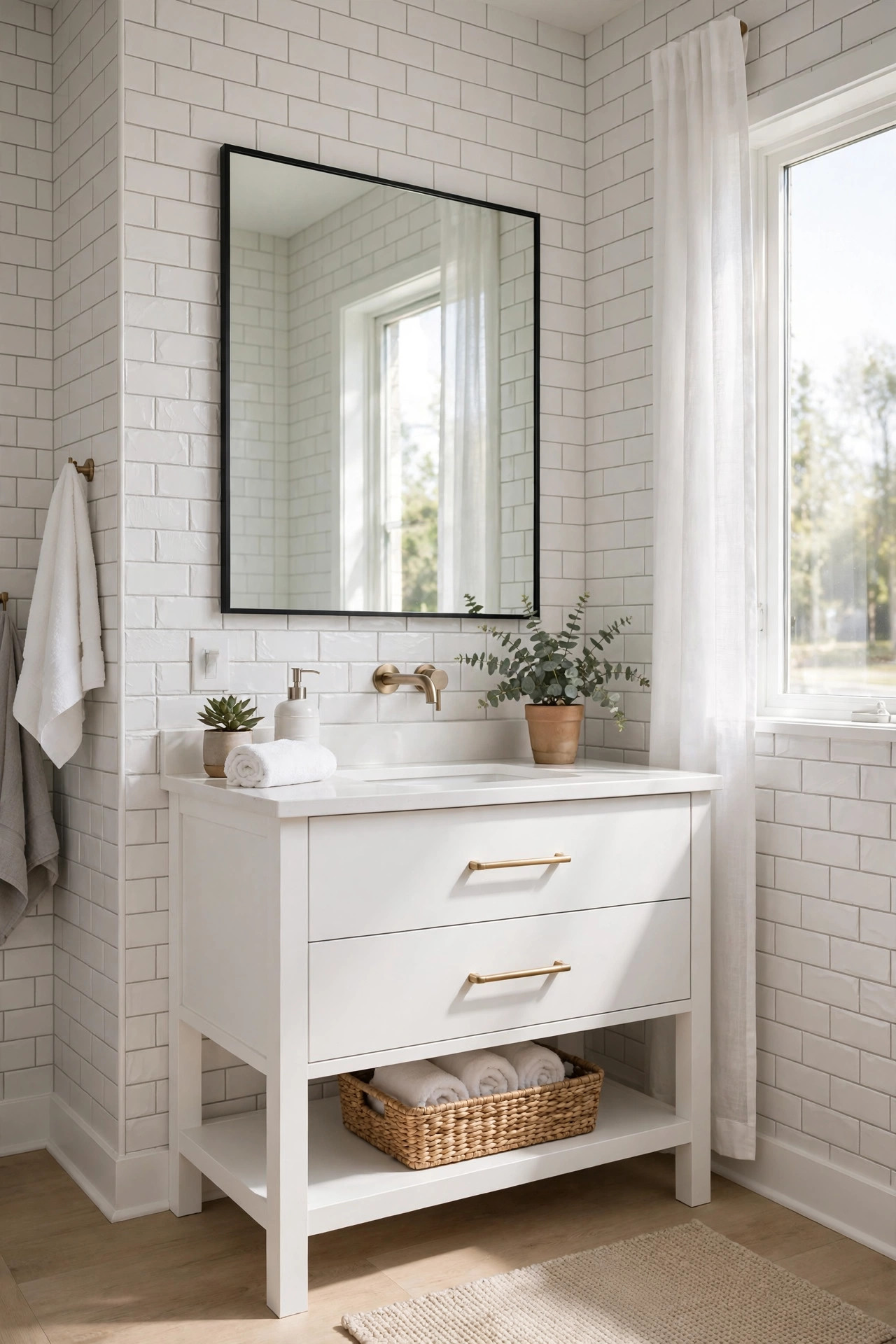 Bathroom with faux white subway tile peel and stick wallpaper.