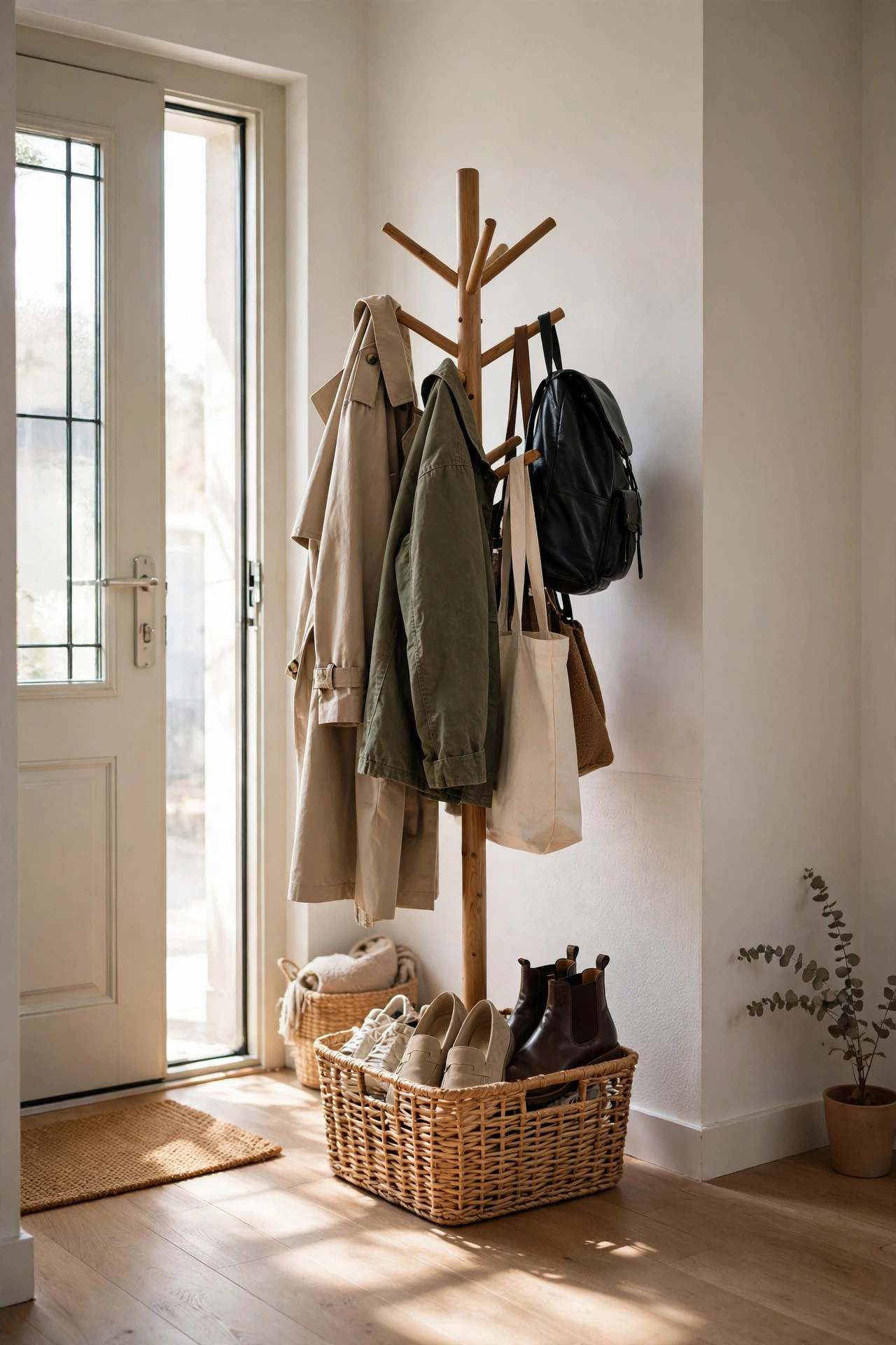 Small entryway with a wooden coat rack holding coats and bags.