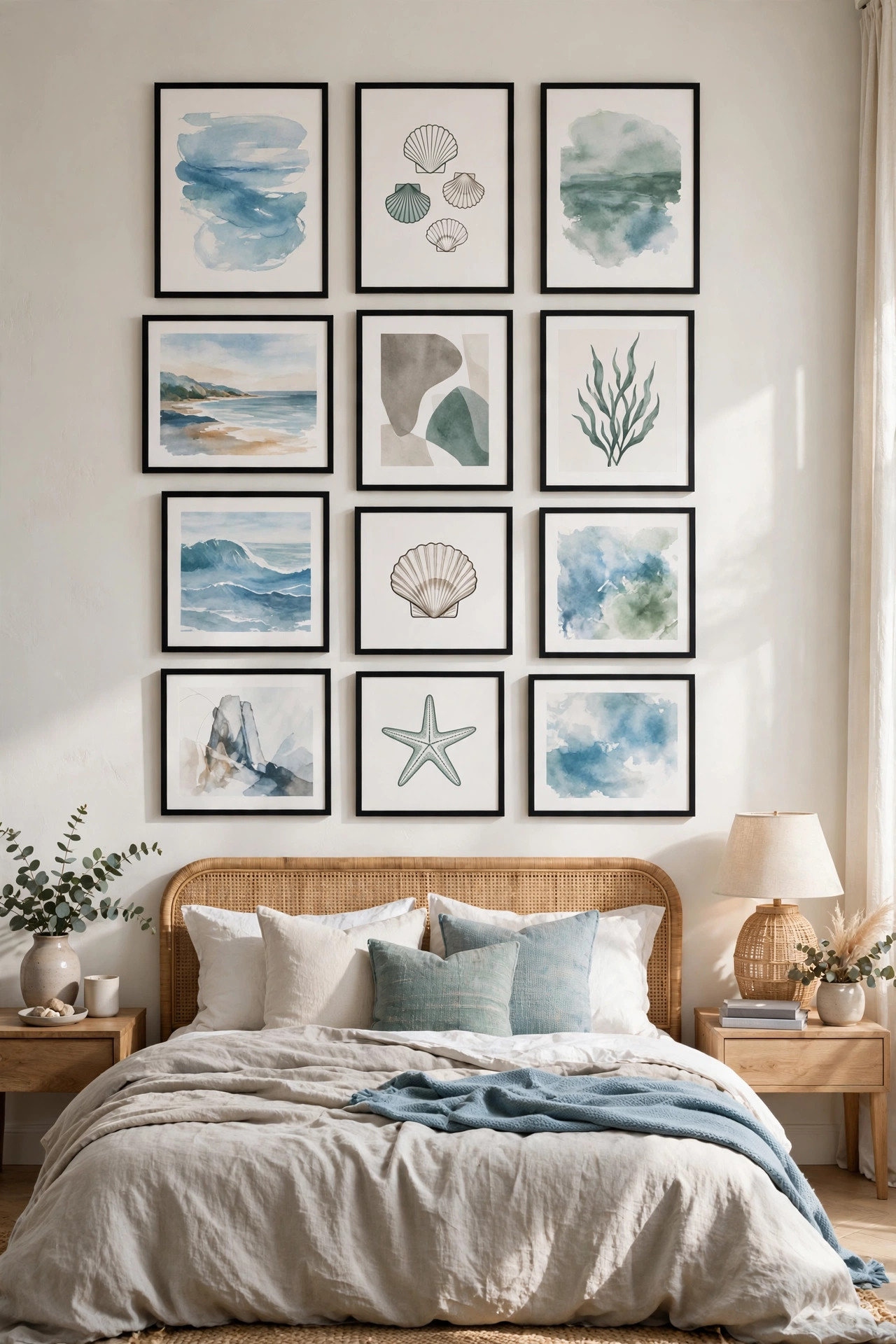 18 Coastal Bedroom Ideas Without the Cliches 11 Gallery wall of framed prints in soft ocean blue and green hues