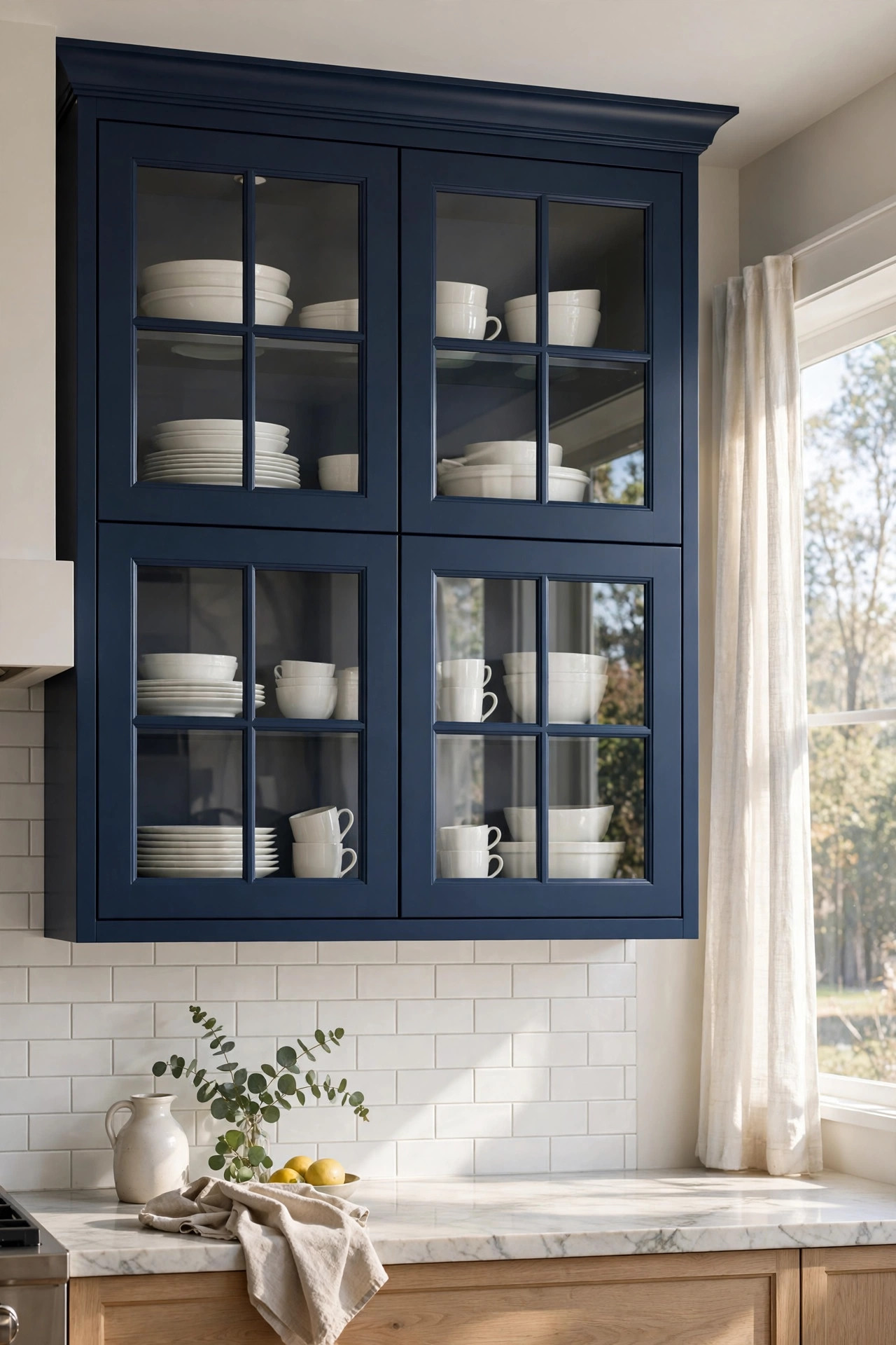 Glass front blue kitchen cabinets