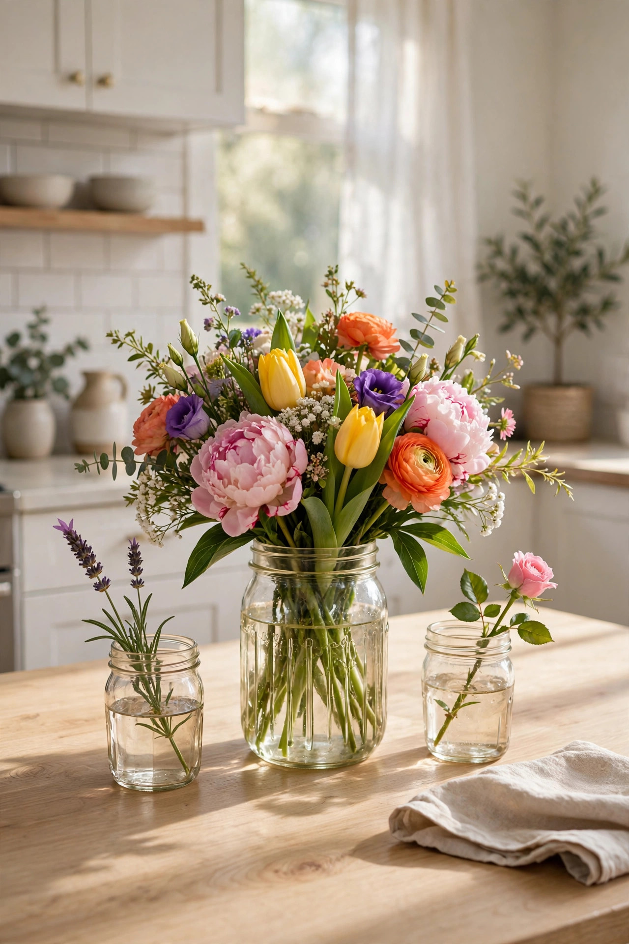 22 Decor Ideas Under $50 That Change Everything 11 Fresh grocery store flowers in a mason jar on a kitchen table