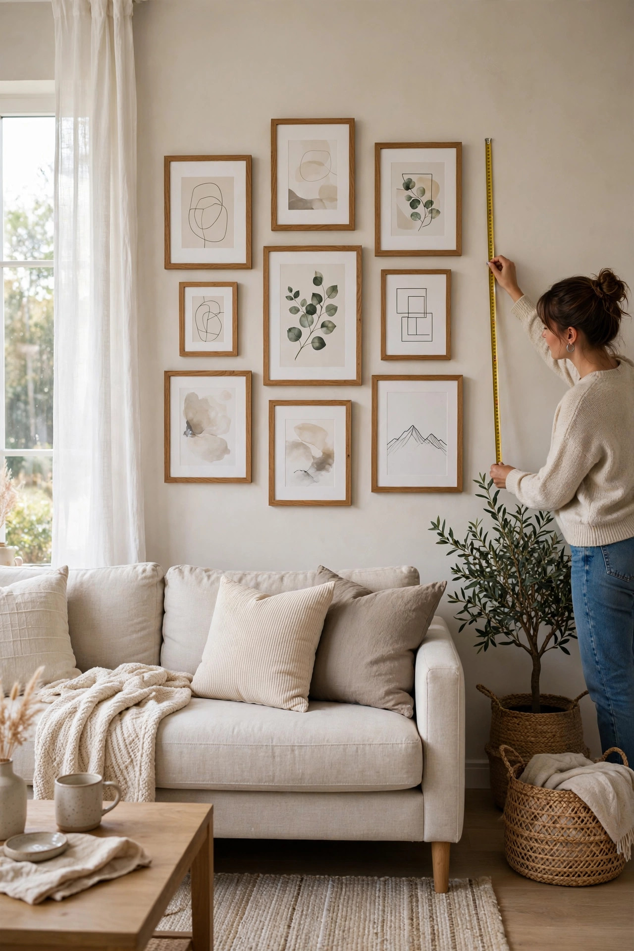 15 Gallery Wall Ideas That Look Curated, Not Cluttered 11 A gallery wall hangs above a sofa with its center at standing eye level and even space above the furniture.