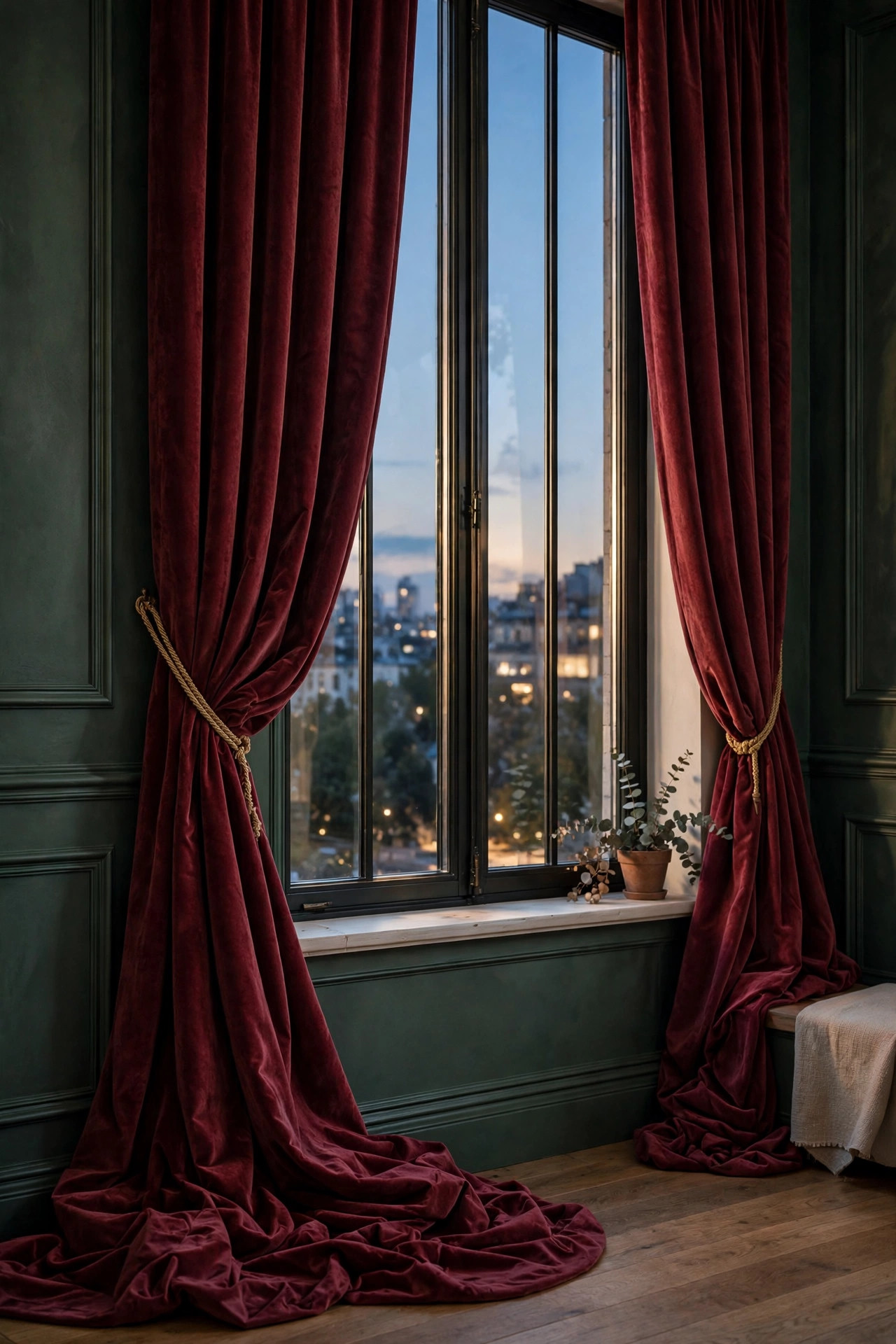 21 Dark Academia Room Decor Ideas That Feel Like an Old Library 11 Heavy burgundy velvet curtains pooling on the floor framing a tall window