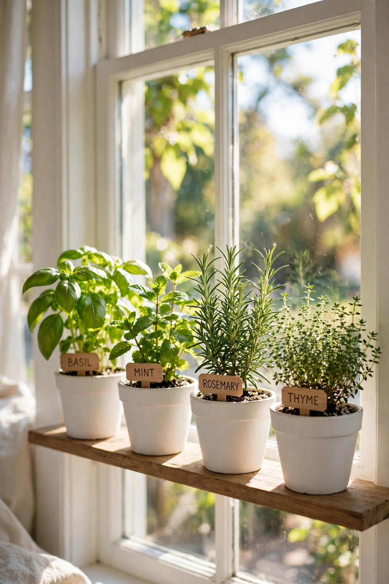 Windowsill shelf of potted basil mint rosemary thyme in matching white pots